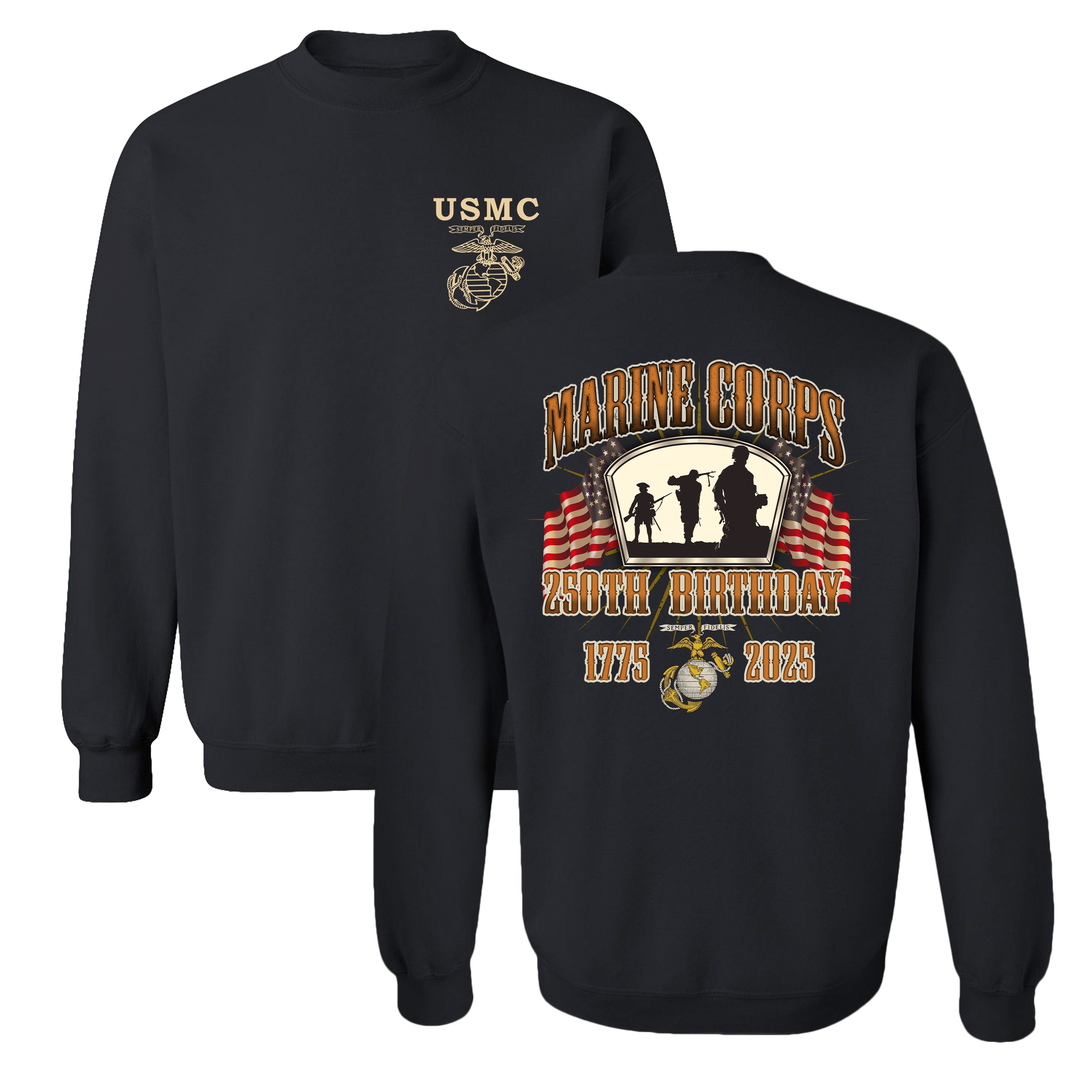 black USMC Anniversary sweatshirt with the Marine Corps 250th Birthday logo, featuring the Iwo Jima silhouette, American flags, and the Eagle, Globe, and Anchor emblem on the front and back.