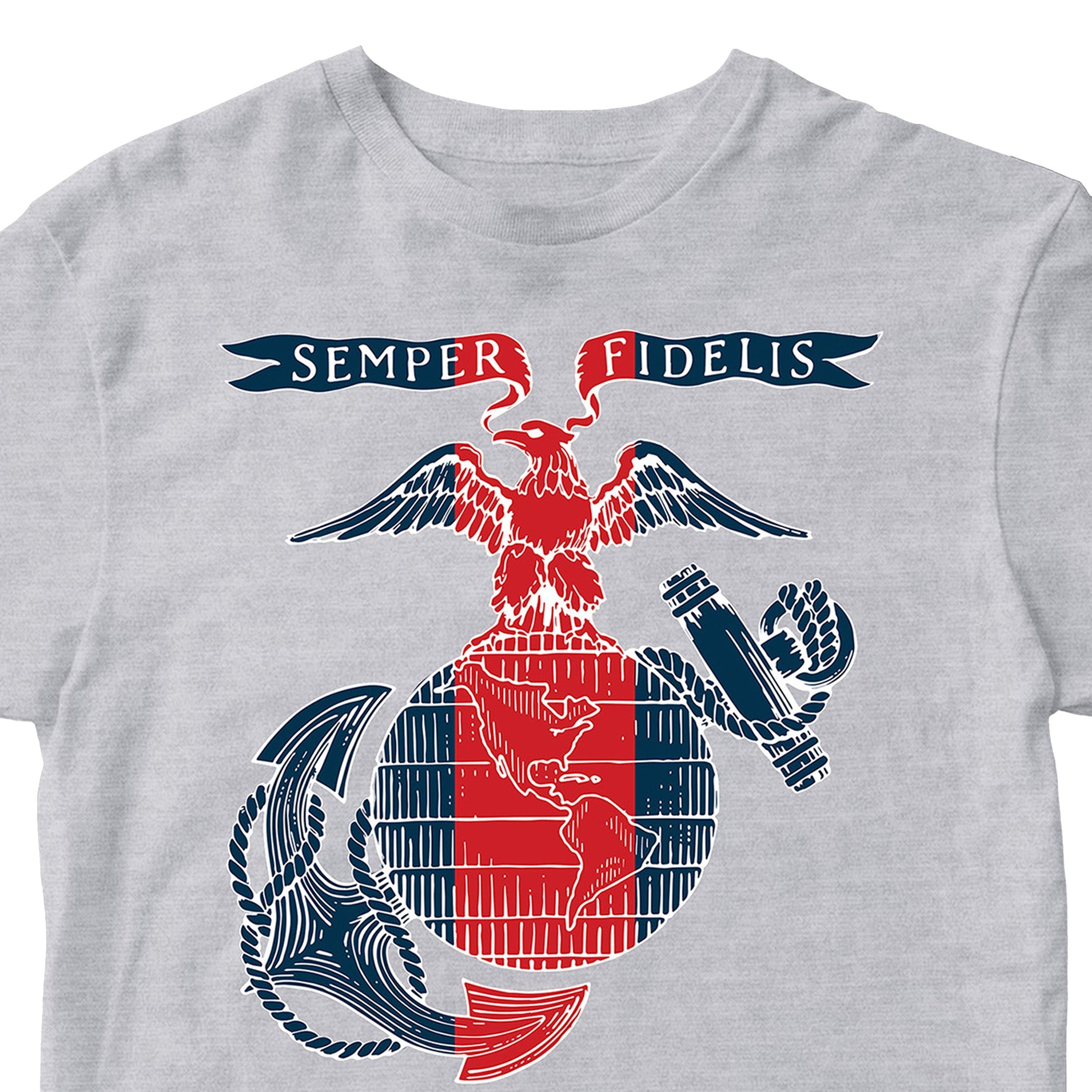 USMC t-shirt featuring a stylized red, white, and blue Eagle, Globe, and Anchor design with a vertical red blood stripe through the globe and a 'Semper Fidelis' banner above—American flag-inspired artwork printed on the front.