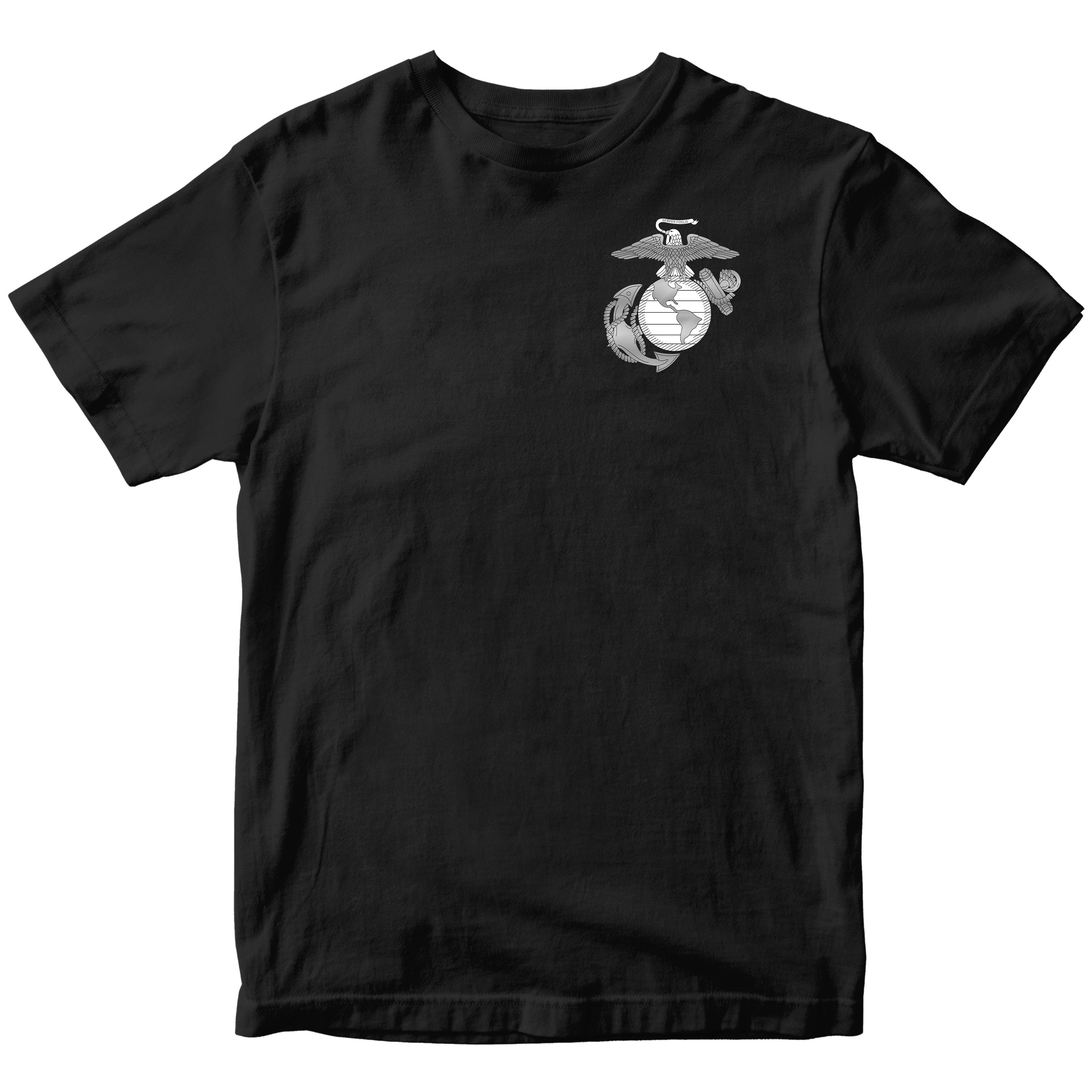 USMC t-shirt with front-left chest Eagle, Globe, and Anchor emblem in white, minimalist Marine Corps design