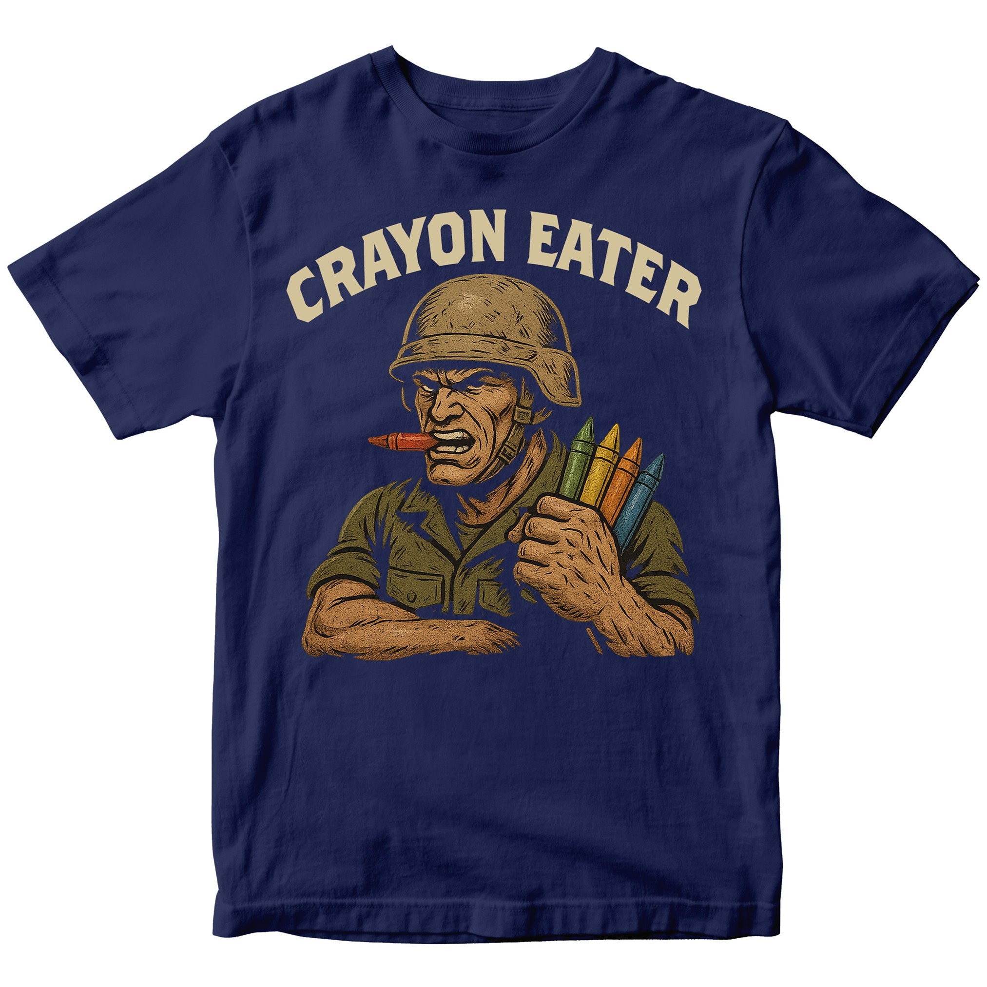 Marines Crayon Eater T-Shirt with cartoon soldier and crayon graphic. USMC Crayon meme tee