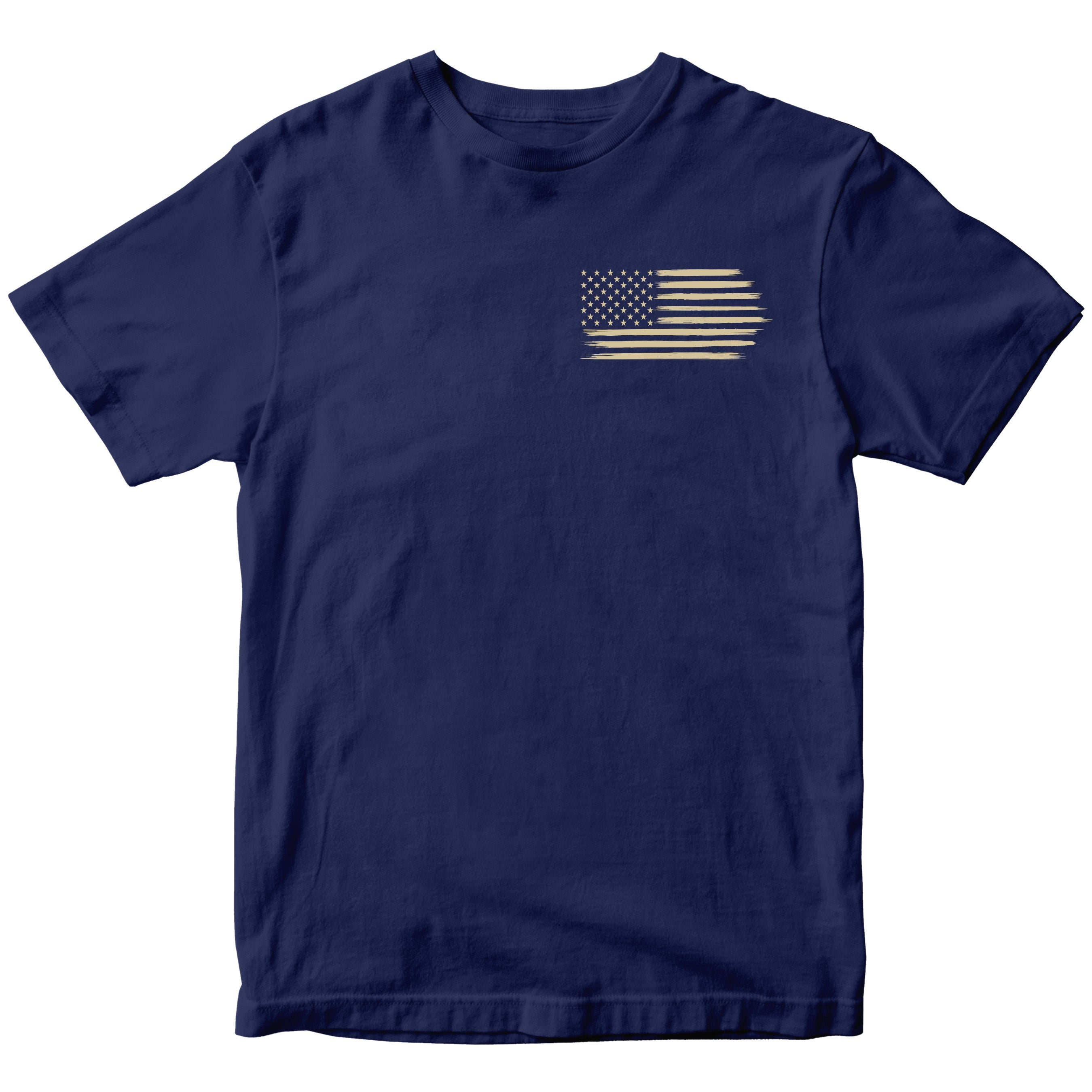 Distressed American Flag Chest Seal on Navy Blue Tee