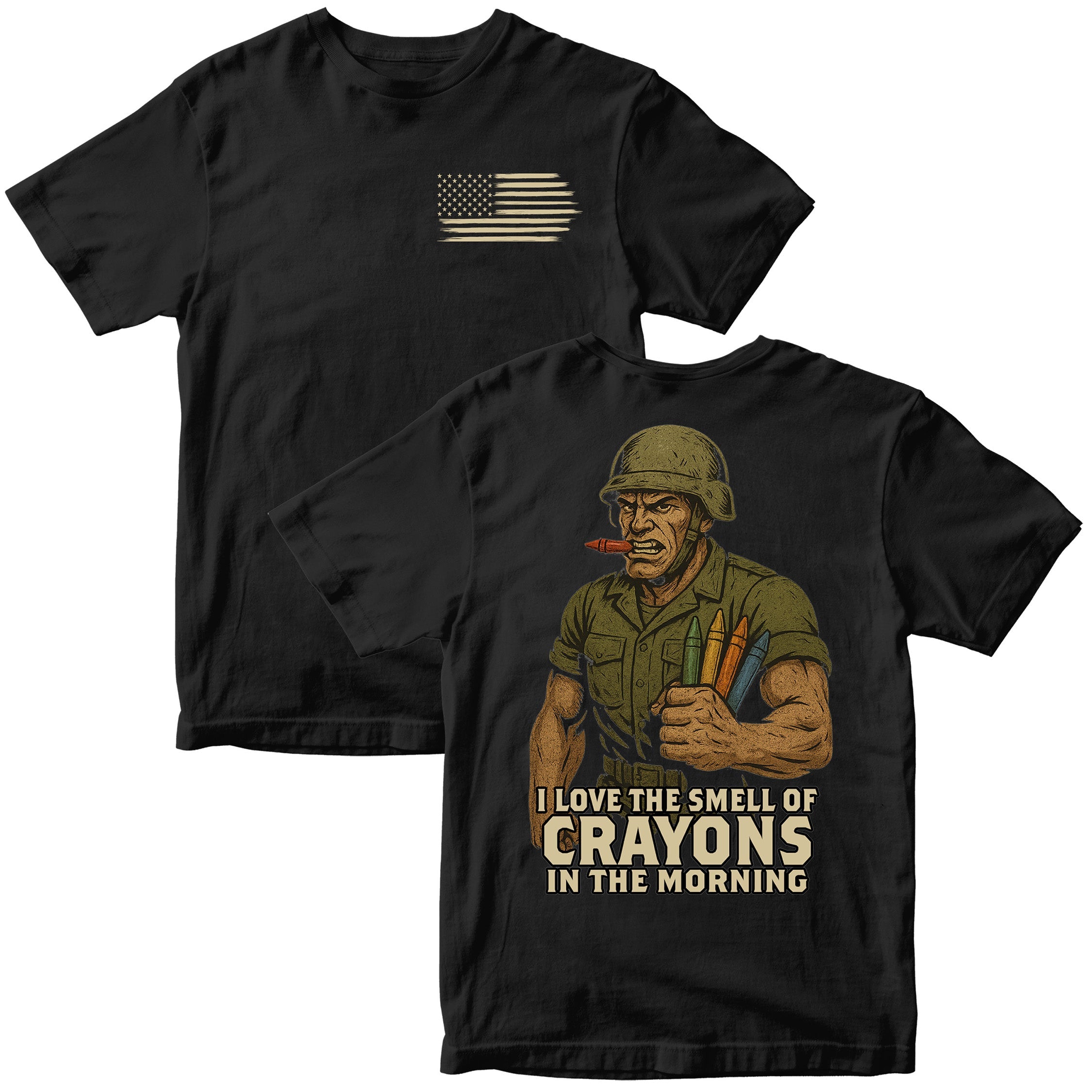 Marines Crayon Meme T-Shirt with cartoon soldier and crayon graphic. Distressed American Flag Chest Seal on Black Tee