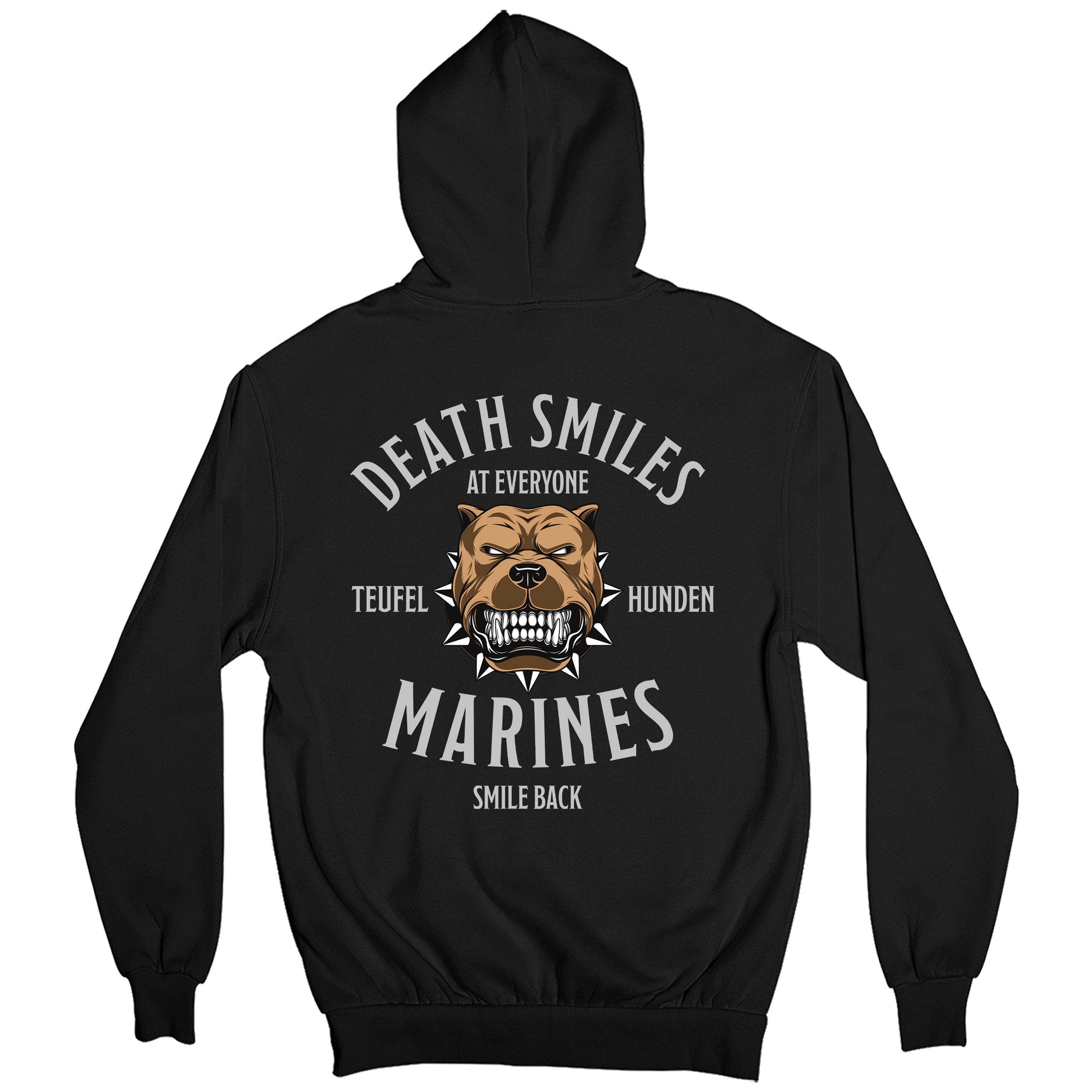 Black USMC Hoodie with back design reading ‘Death Smiles at Everyone, Marines Smile Back’ with Teufel Hunden bulldog illustration