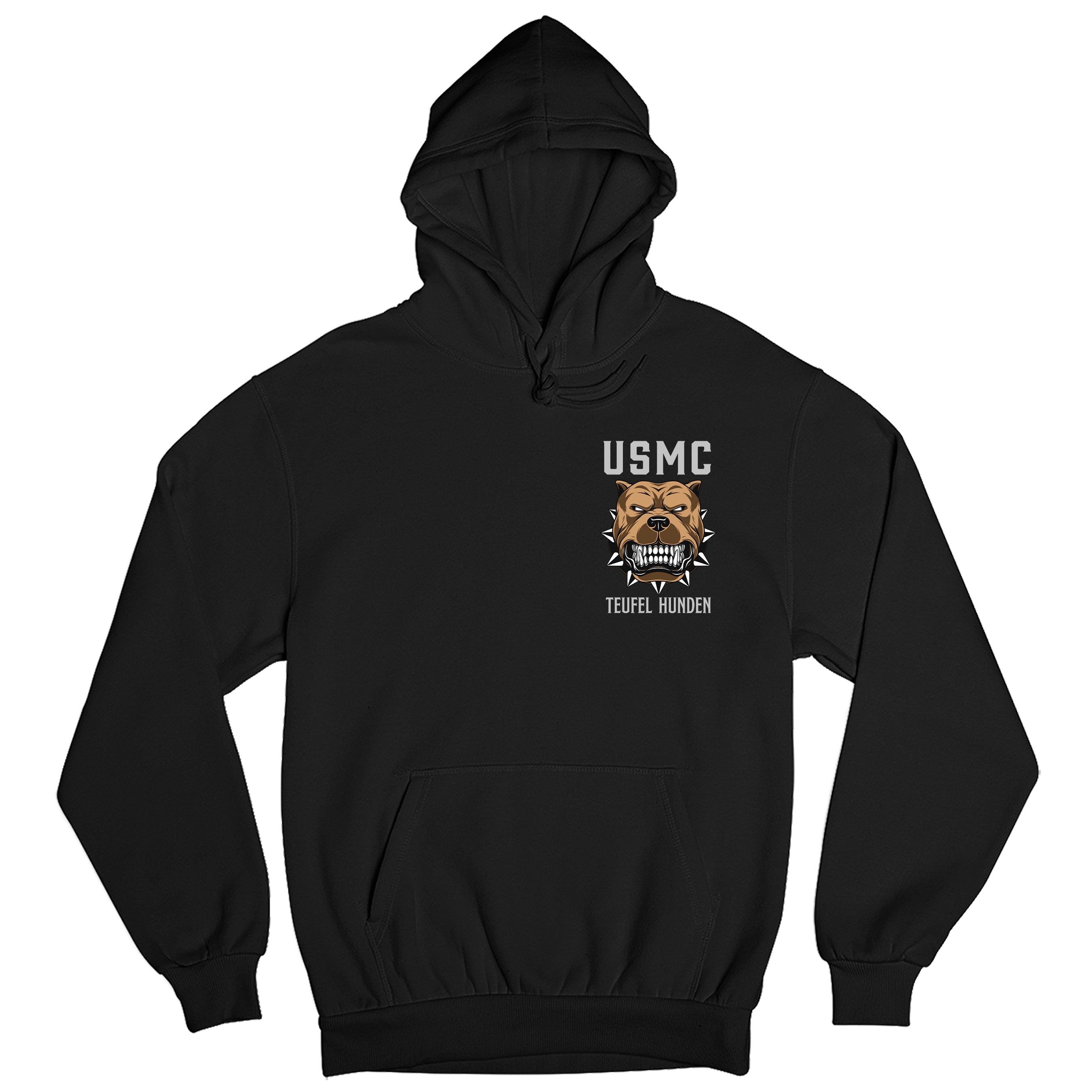 Black USMC Hoodie with left-chest bulldog graphic 