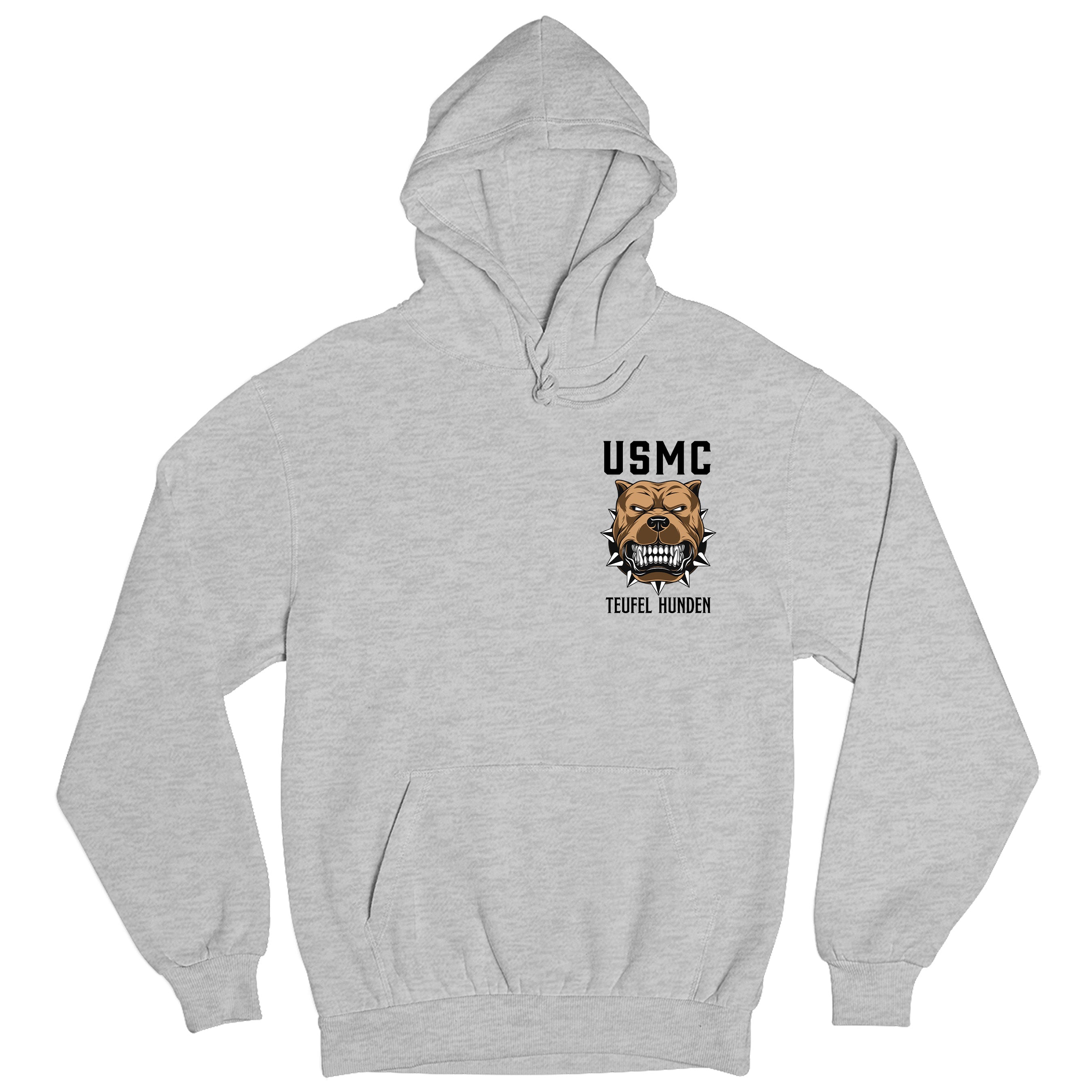 Gray USMC Hoodie with left-chest bulldog graphic 