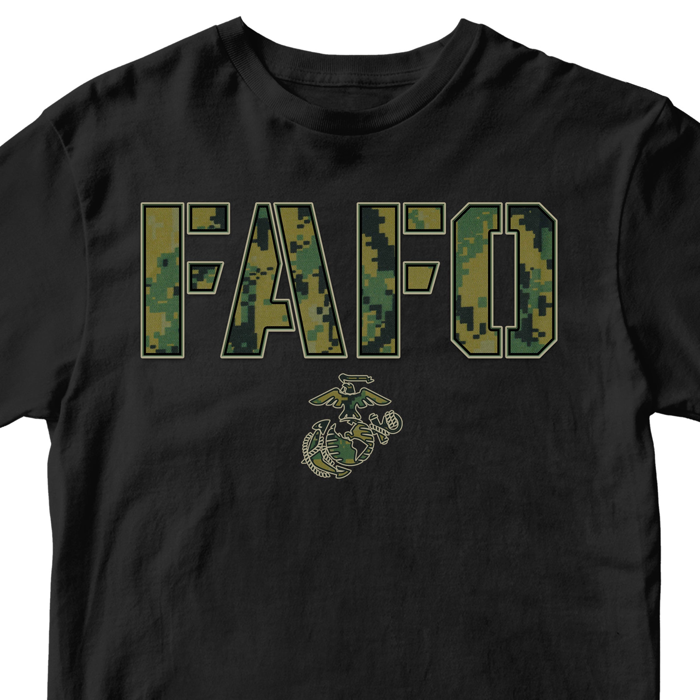 FAFO camo T-shirt with digital camouflage lettering and Eagle Globe and Anchor