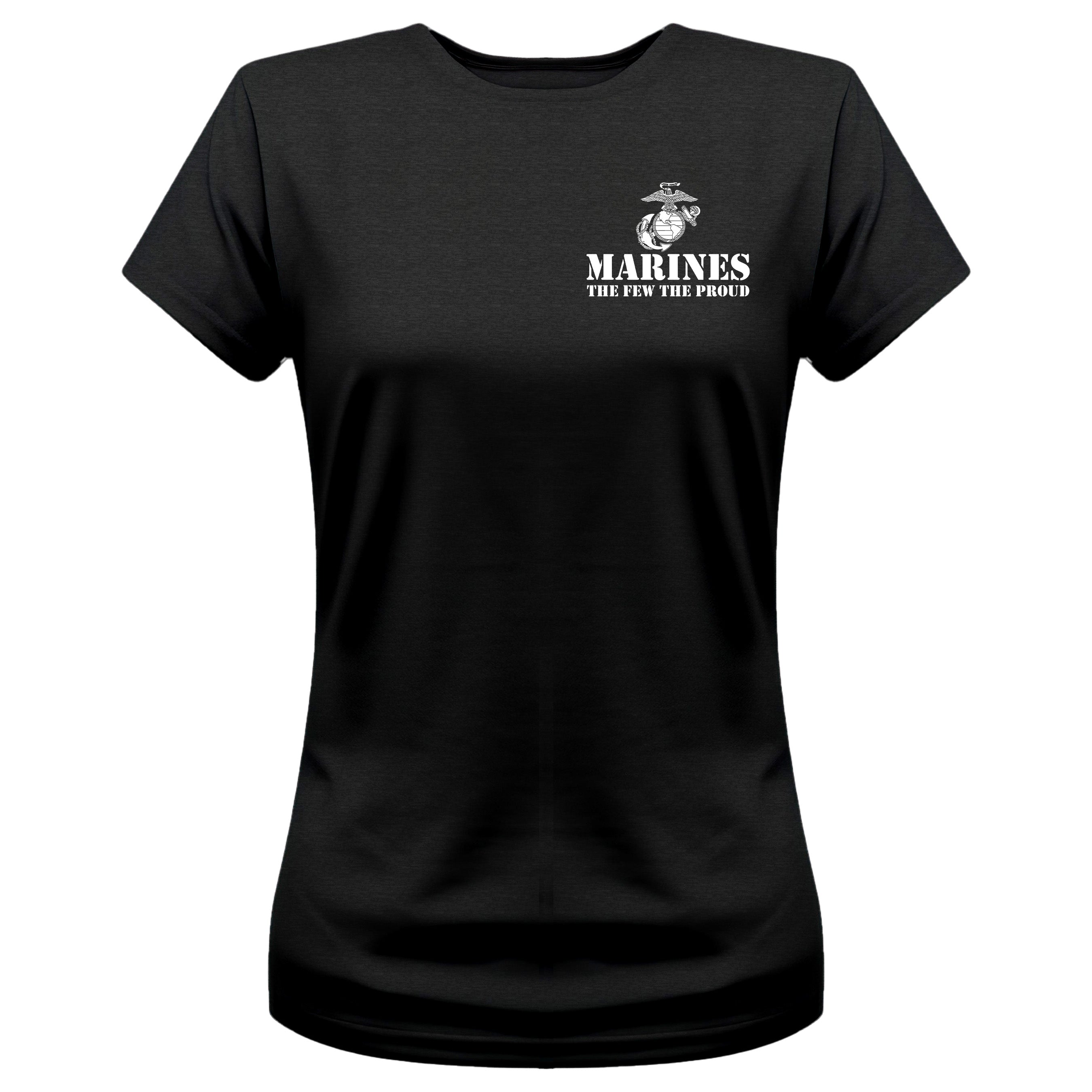 Women’s black USMC t-shirt with front-left chest print featuring the Eagle, Globe, and Anchor emblem and white text 'MARINES – The Few The Proud'.