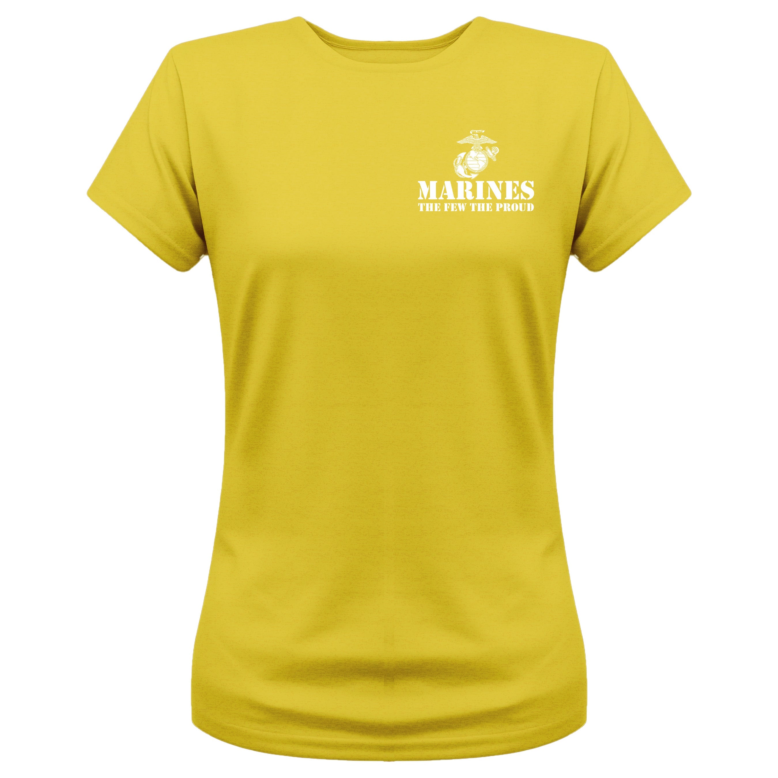 Women’s gold USMC t-shirt with front-left chest print featuring the Eagle, Globe, and Anchor emblem and white text 'MARINES – The Few The Proud'.
