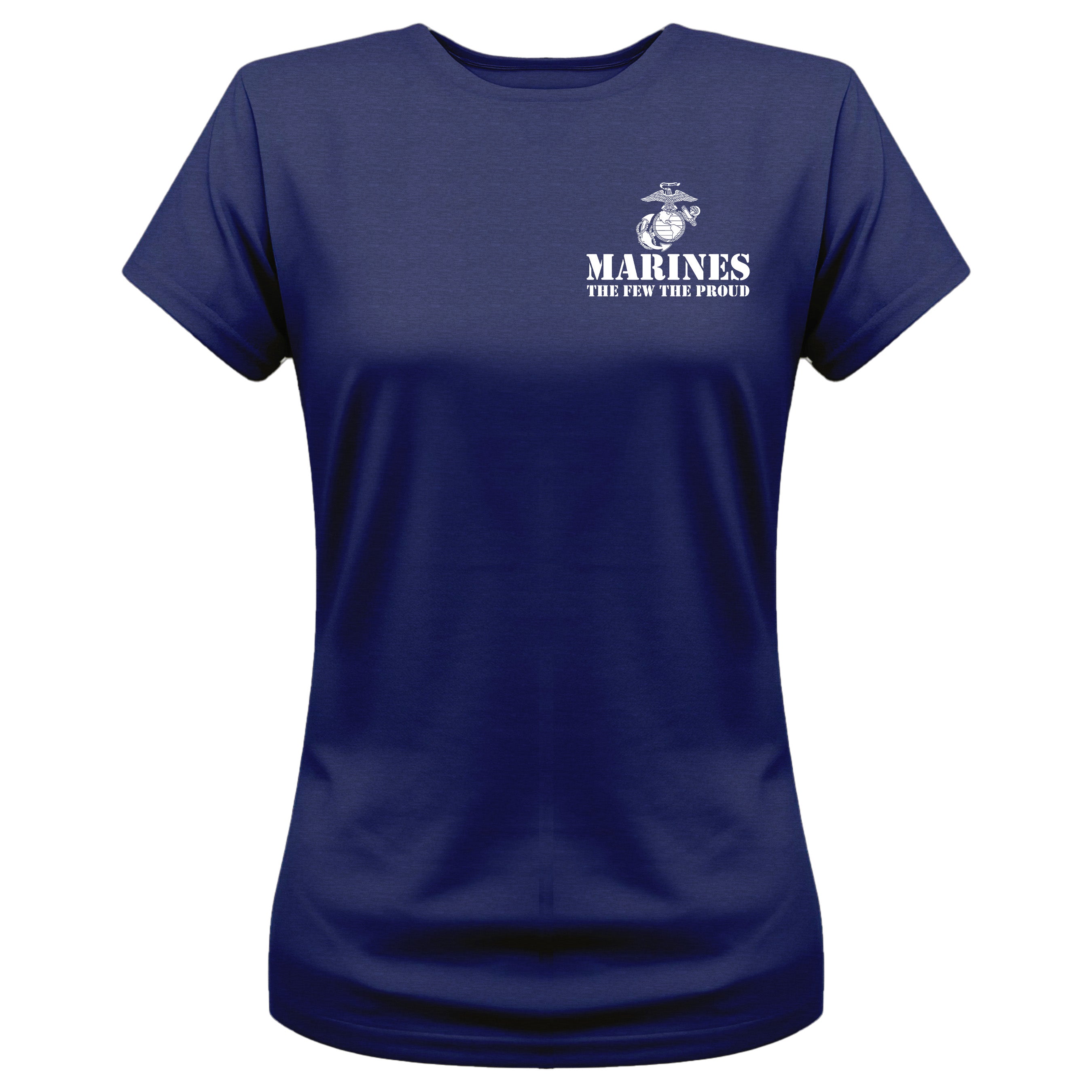 Women’s navy USMC t-shirt with front-left chest print featuring the Eagle, Globe, and Anchor emblem and white text 'MARINES – The Few The Proud'.