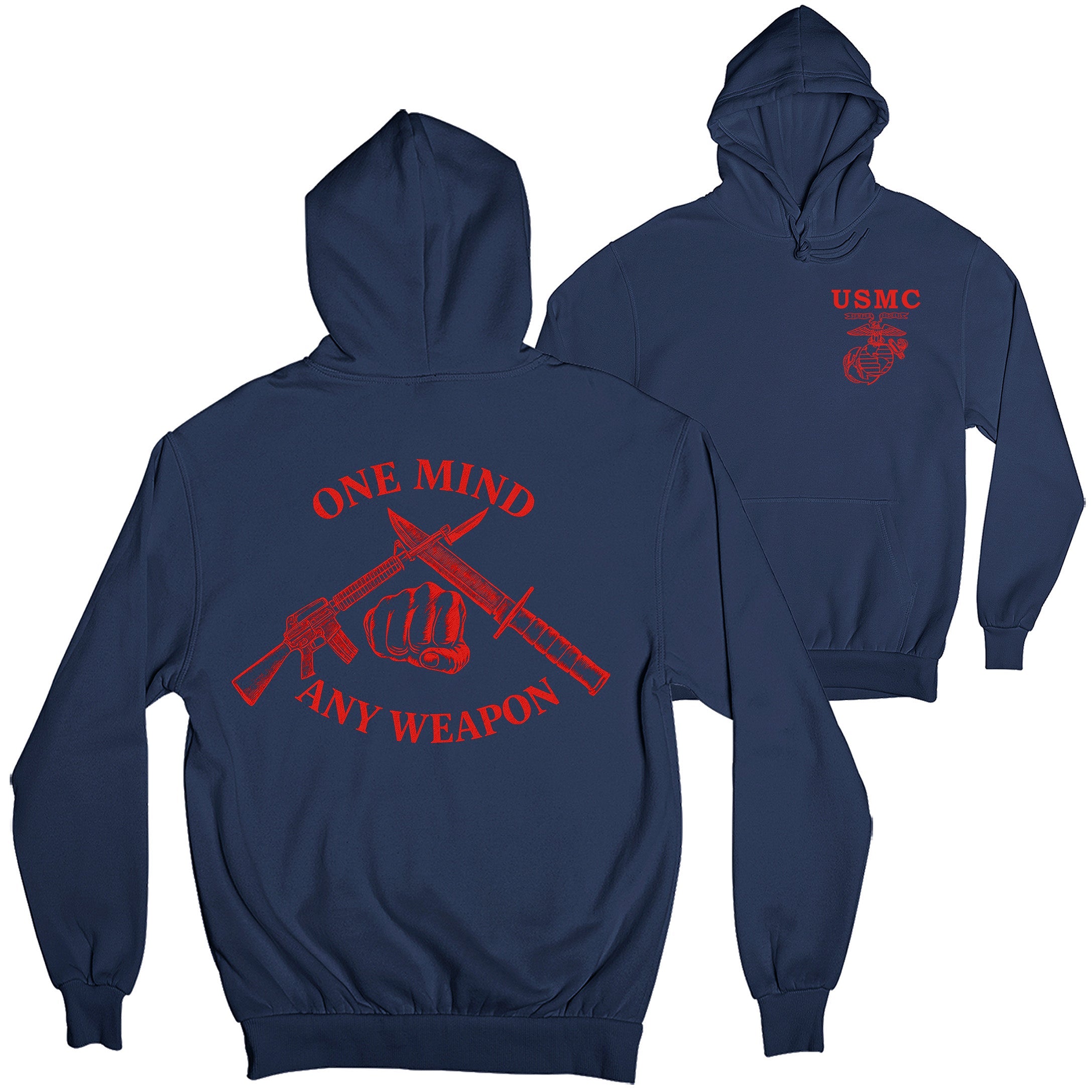 Navy Blue Marines Fight Club Hoodie with left-chest USMC Eagle Globe and Anchor and back graphic reading ‘One Mind Any Weapon’ with crossed riffle and knife and clenched fist.