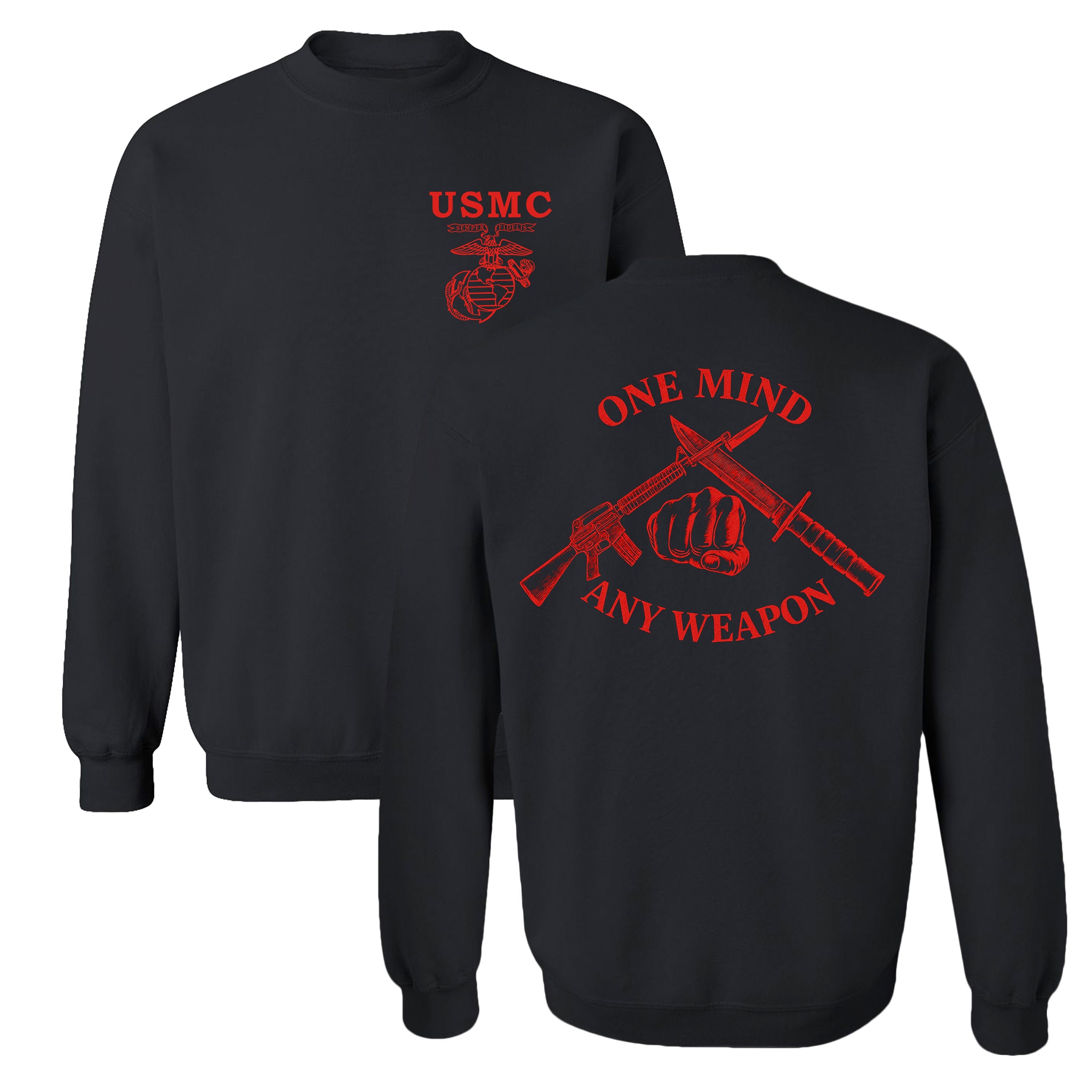 Black Marines Fight Club Sweatshirt with left-chest USMC Eagle Globe and Anchor and back graphic reading ‘One Mind Any Weapon’ with crossed riffle and knife and clenched fist.