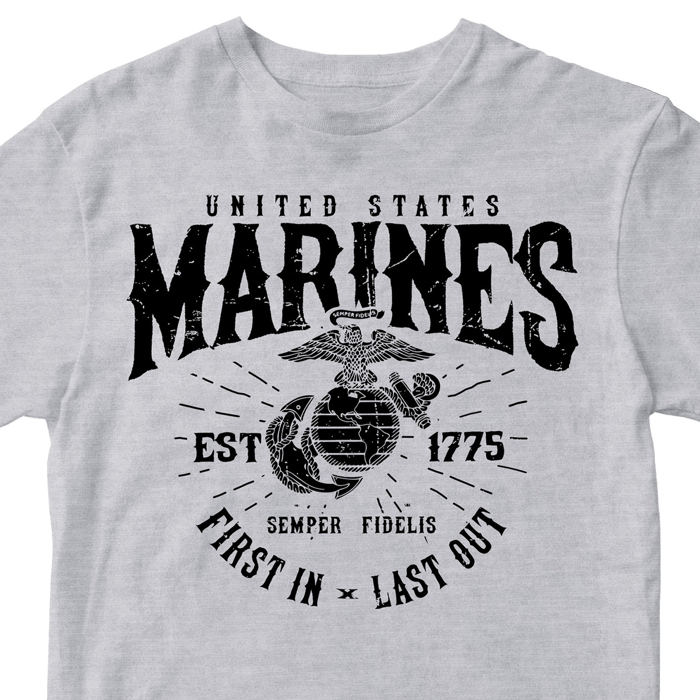 Marines First In Last Out Navy Gray Tee
