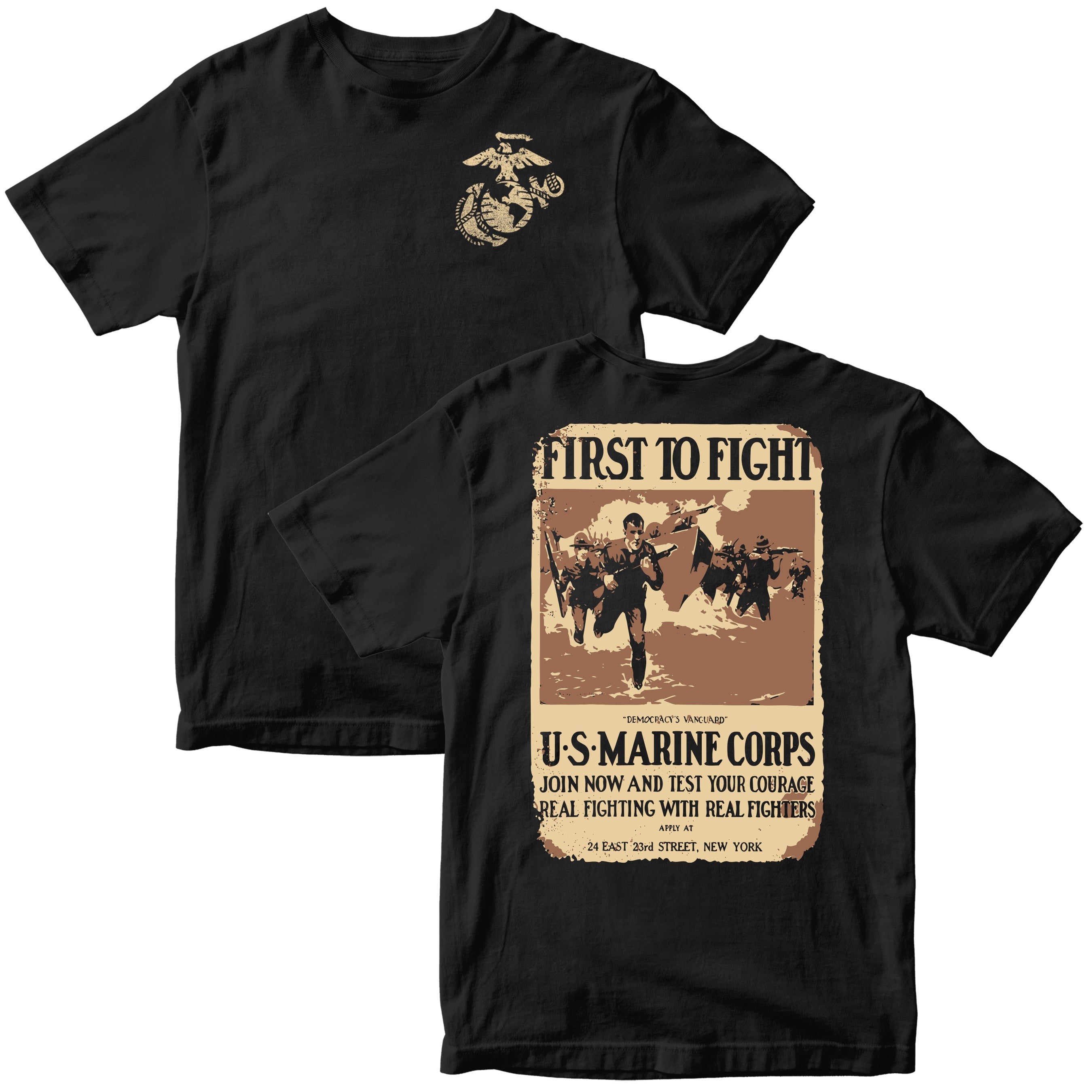 Black USMC t-shirt featuring a vintage-style Marine Corps recruitment poster on the back with the text 'First to Fight' and Marines charging forward. The front chest displays the official Eagle, Globe, and Anchor emblem.