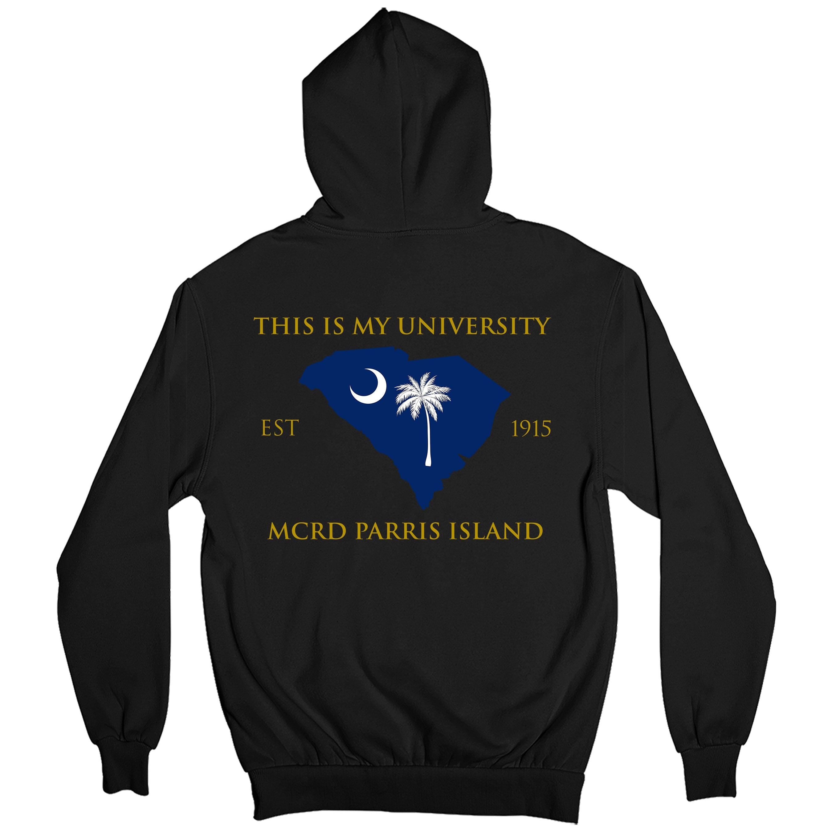 Black USMC fraternity Hoodie with Parris Island back graphic featuring the South Carolina outline with crescent and palmetto