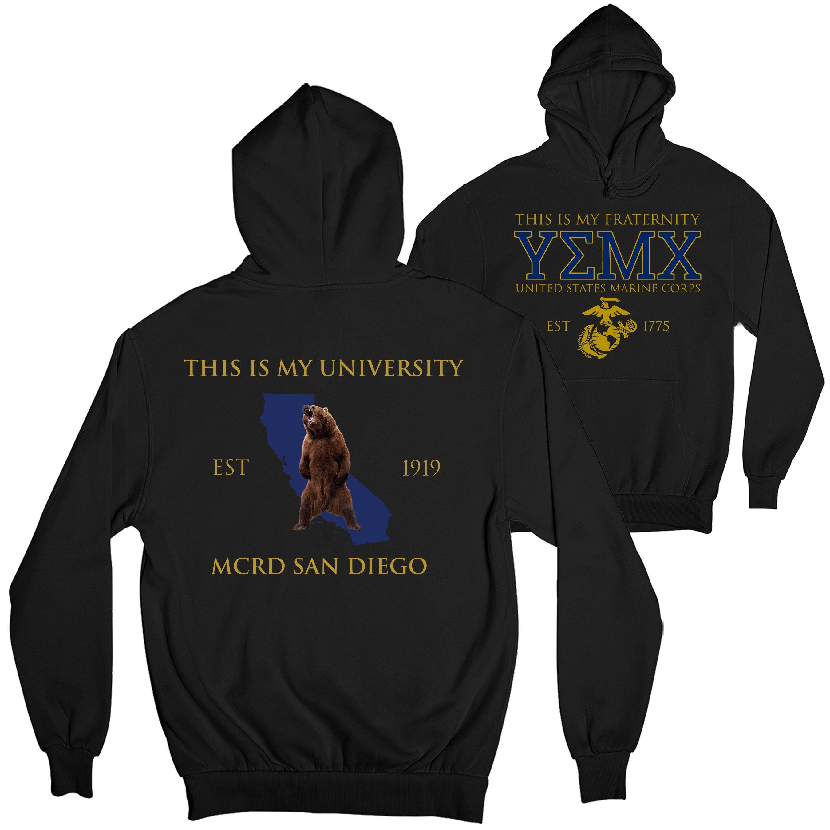 Black USMC fraternity Hoodie with Greek letters YMEX on the front and San Diego back graphic featuring the California outline with star.
