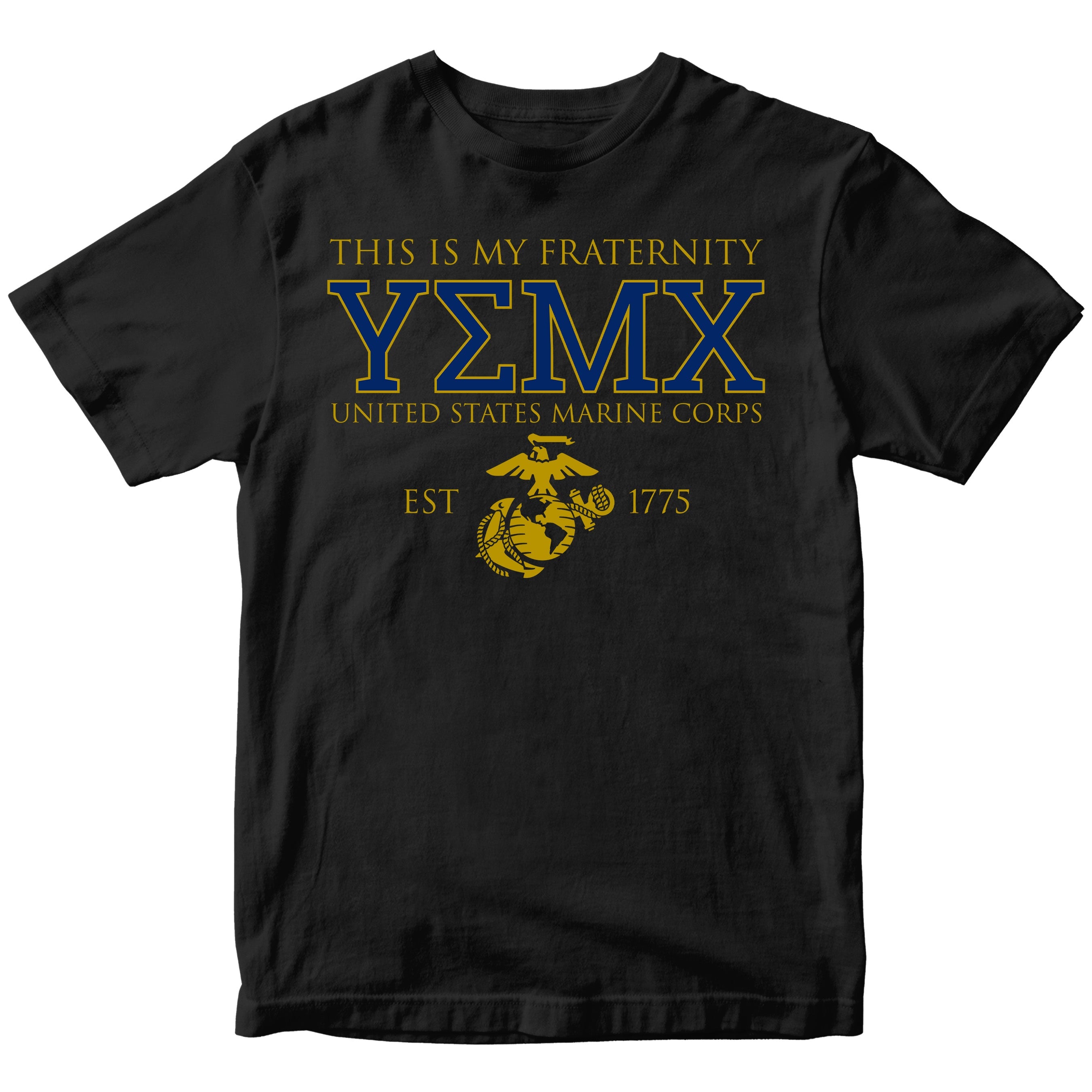 Black USMC fraternity-style T-shirt with Greek letters YMEX on the front 