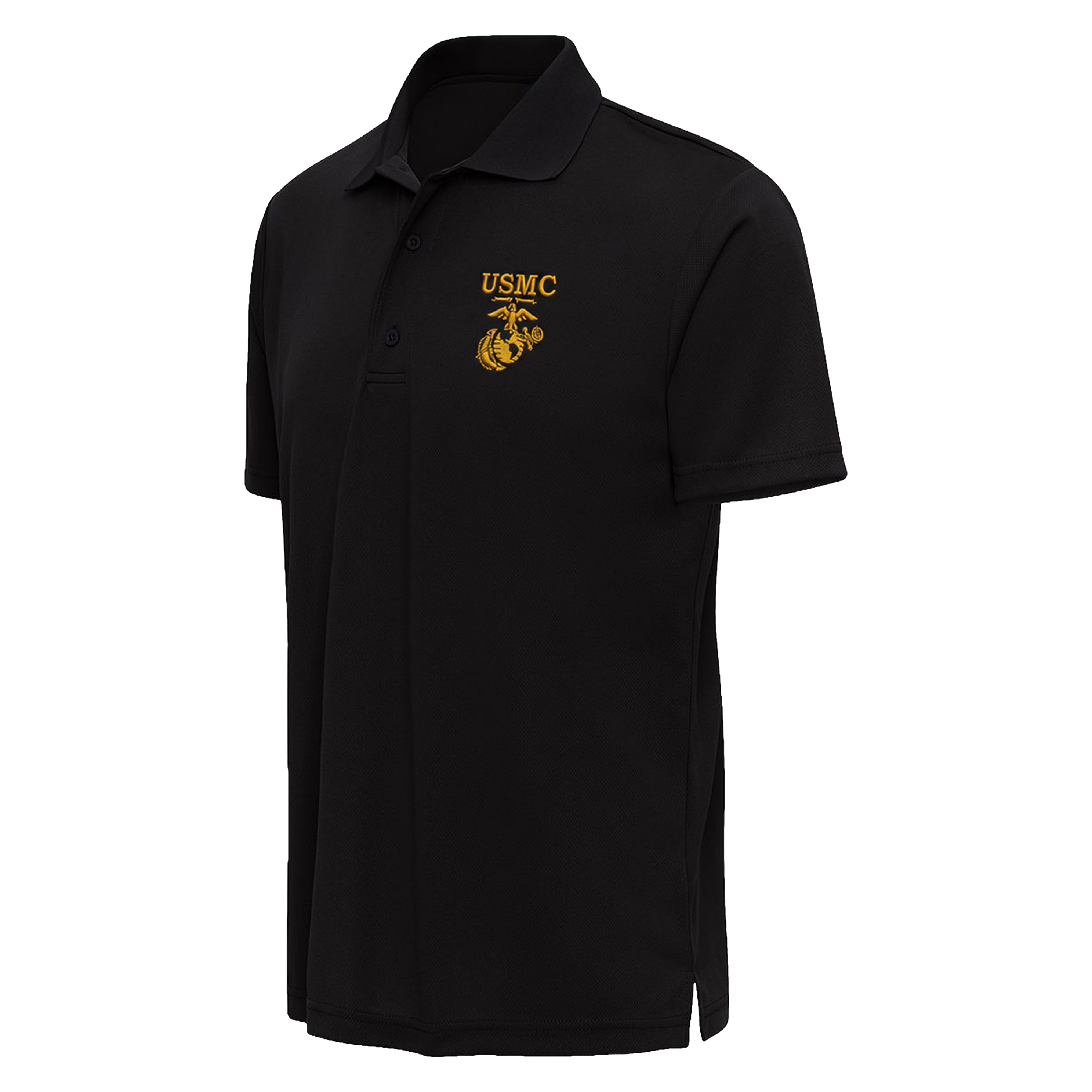 Black USMC performance polo with embroidered gold USMC lettering and EGA. Marine Corps Polo. 