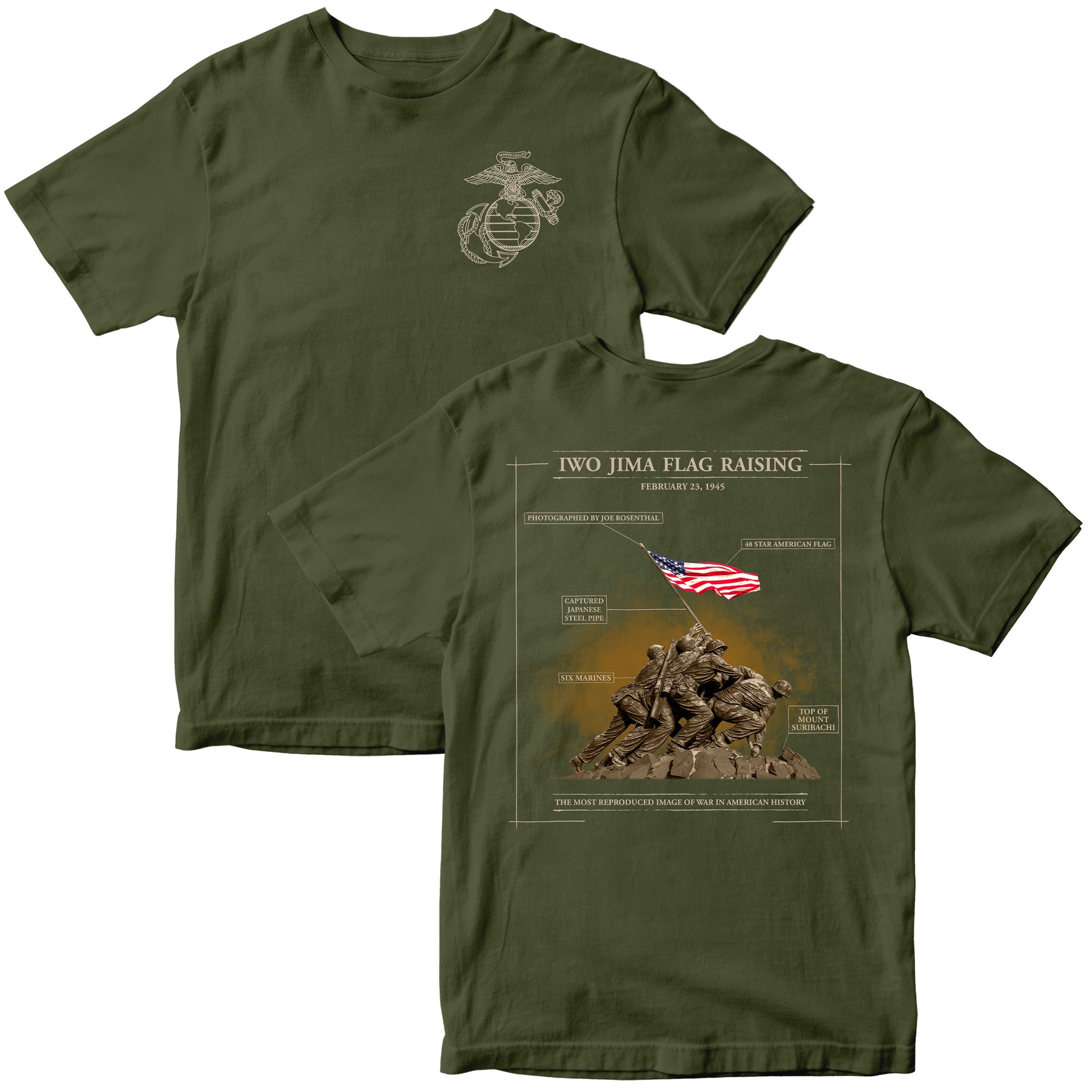 Green United States Marine Corps Iwo Jima flag raising Mount Suribachi T-shirt. Marines Iwo Jima Tee