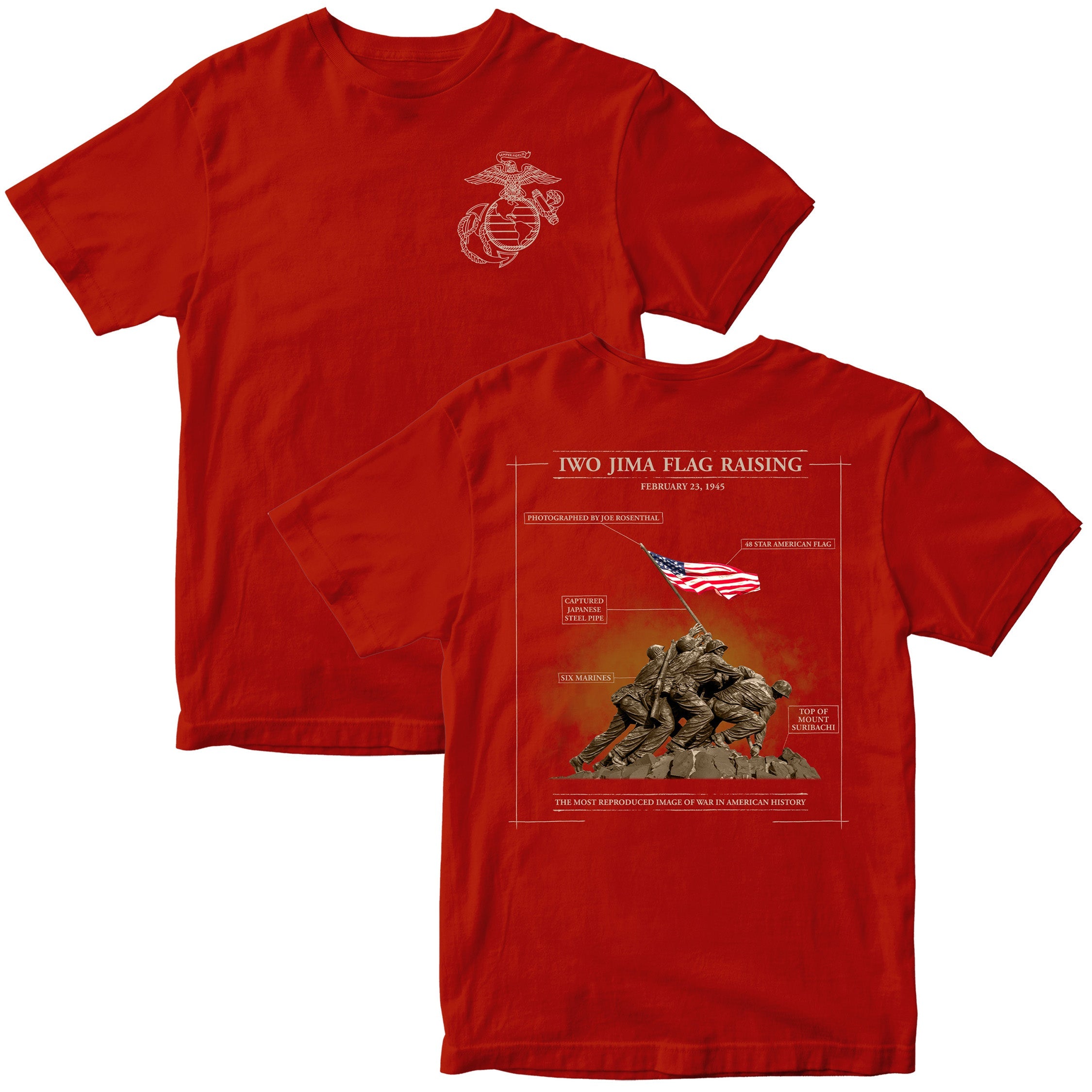 Red United States Marine Corps Iwo Jima flag raising Mount Suribachi T-shirt. Marines Iwo Jima Tee