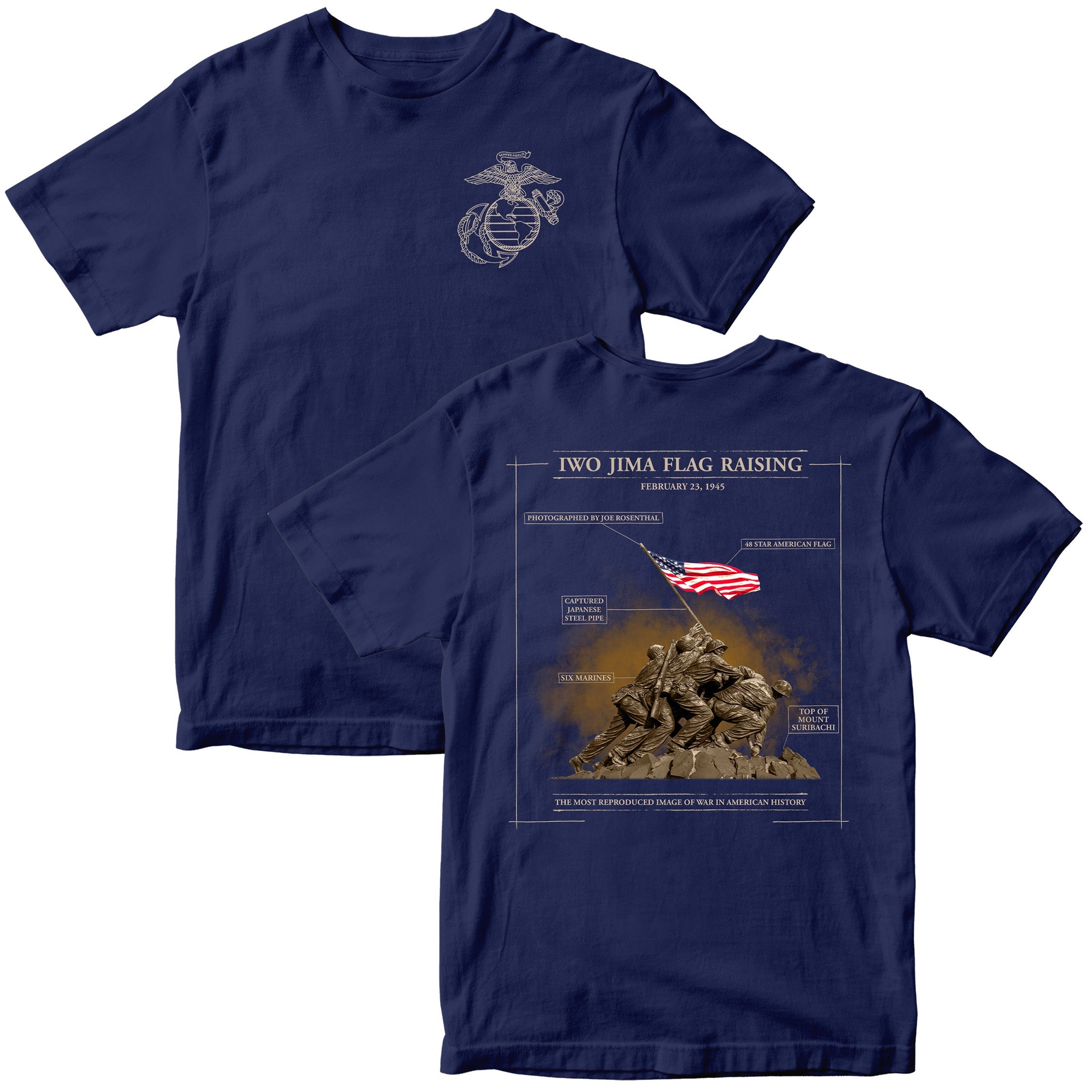 Navy Blue United States Marine Corps Iwo Jima flag raising Mount Suribachi T-shirt. Marines Iwo Jima Tee