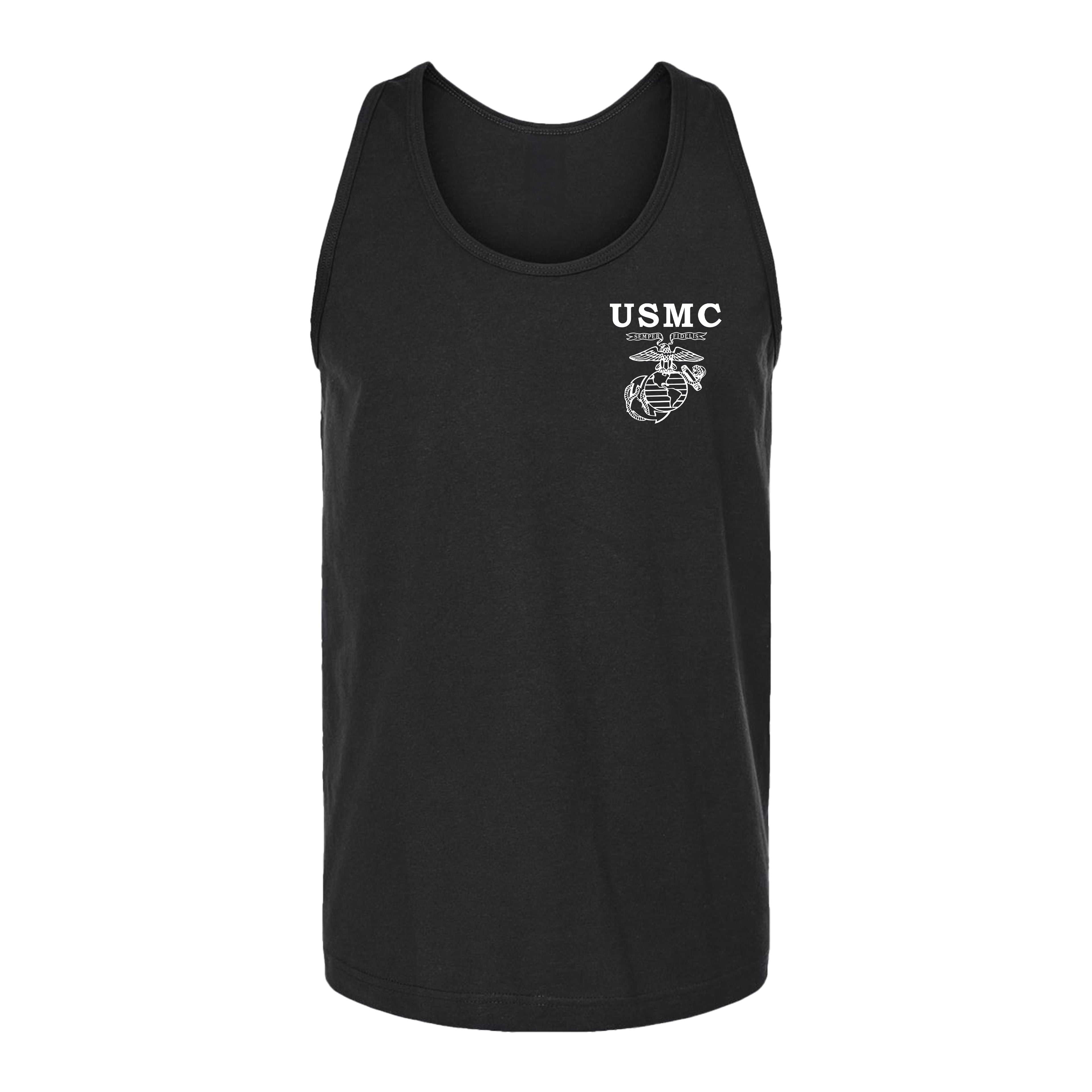 Men’s USMC tank top with front-left chest print featuring 'USMC' text, Semper Fidelis banner, and Eagle, Globe, and Anchor emblem in white.