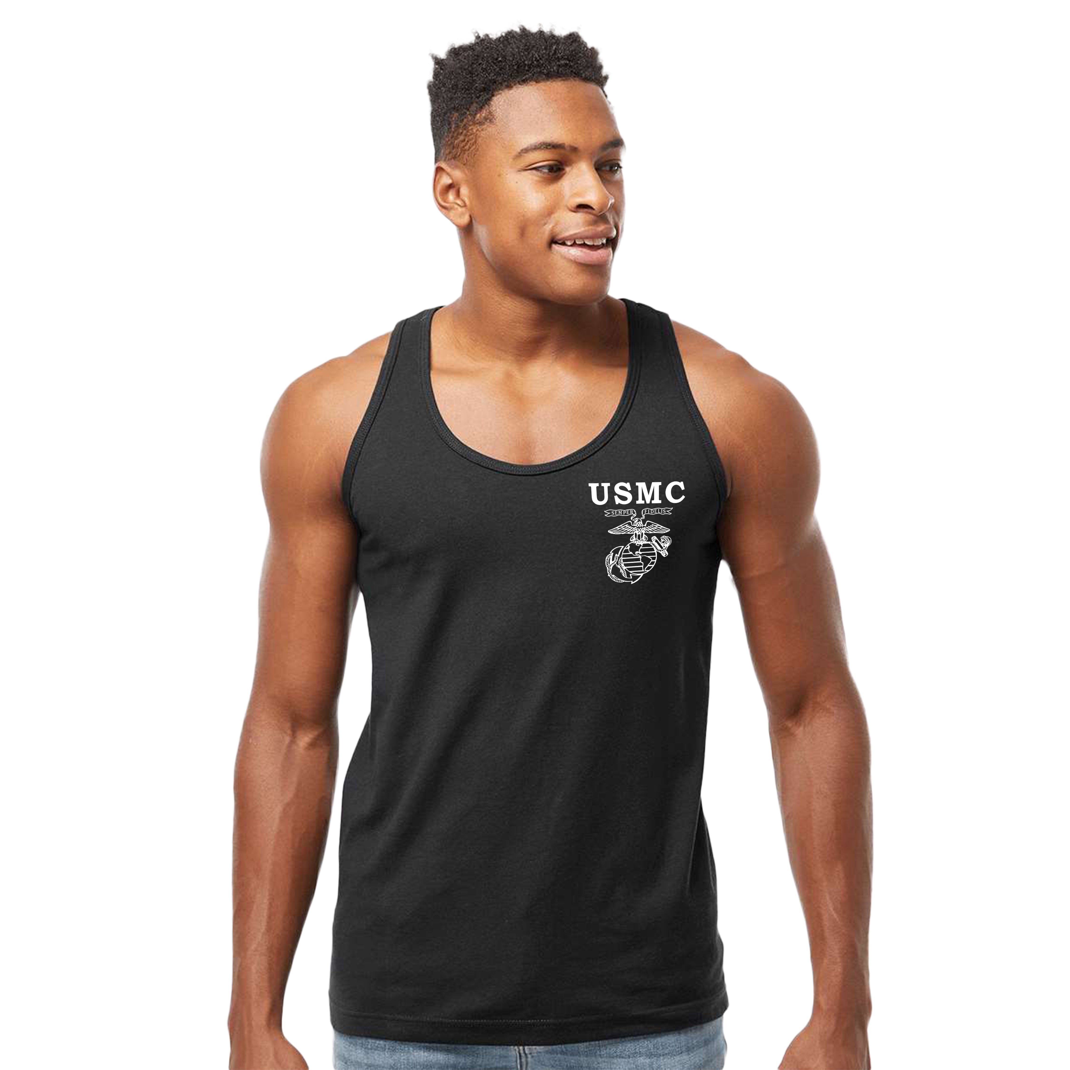 Men’s USMC tank top with front-left chest print featuring 'USMC' text, Semper Fidelis banner, and Eagle, Globe, and Anchor emblem in white.