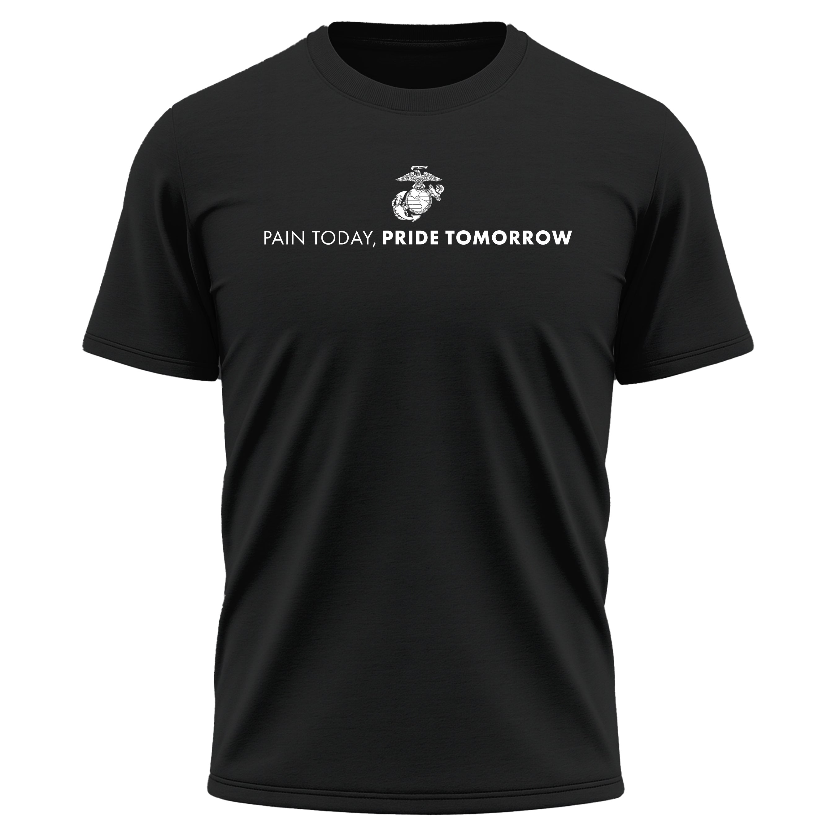 Black USMC motivational performance t-shirt with EGA emblem and text reading 'Pain Today, Pride Tomorrow' – Marine Corps workout and training shirt.