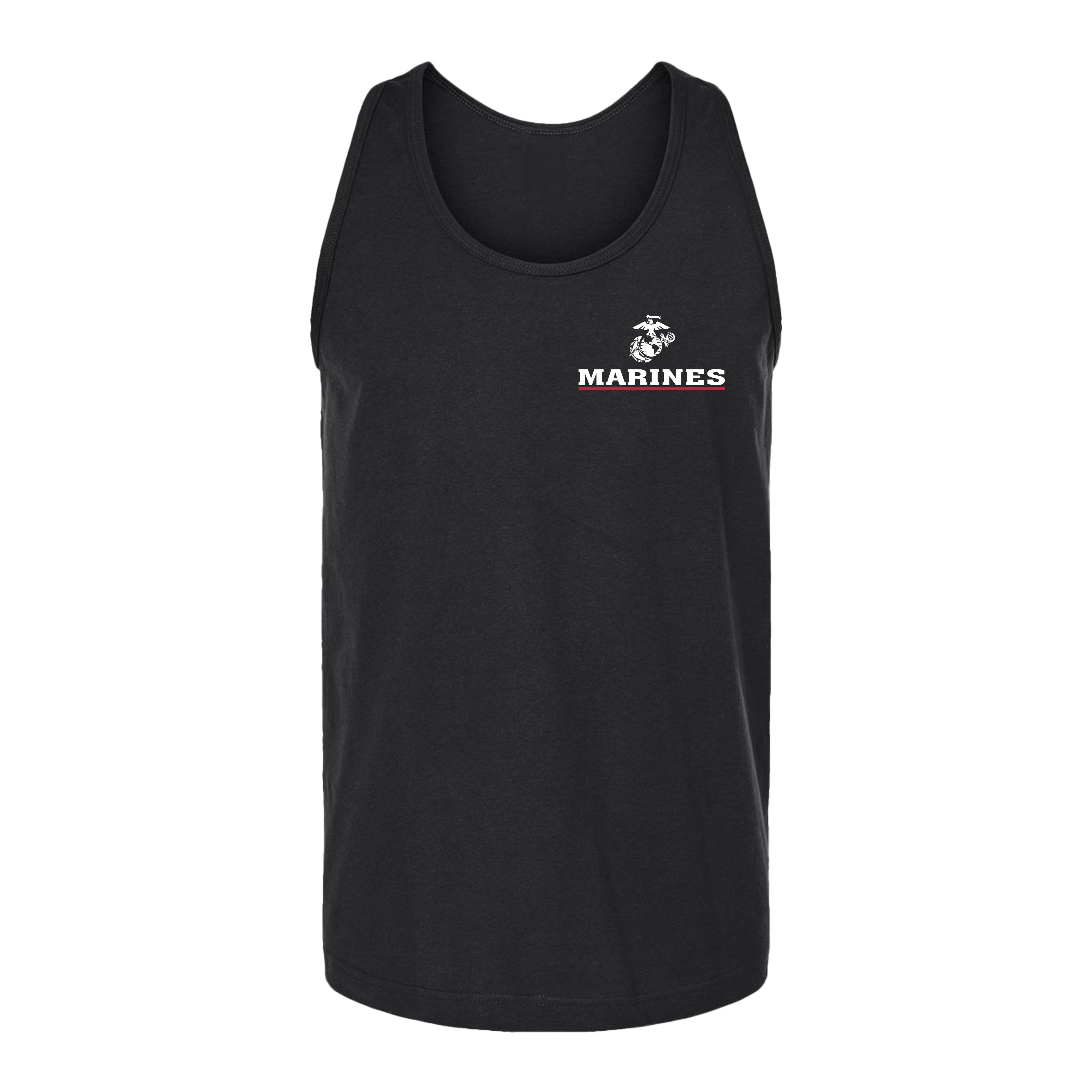 Men’s USMC tank top with front-left chest print of white Eagle, Globe, and Anchor emblem above bold 'MARINES' text with red underline.