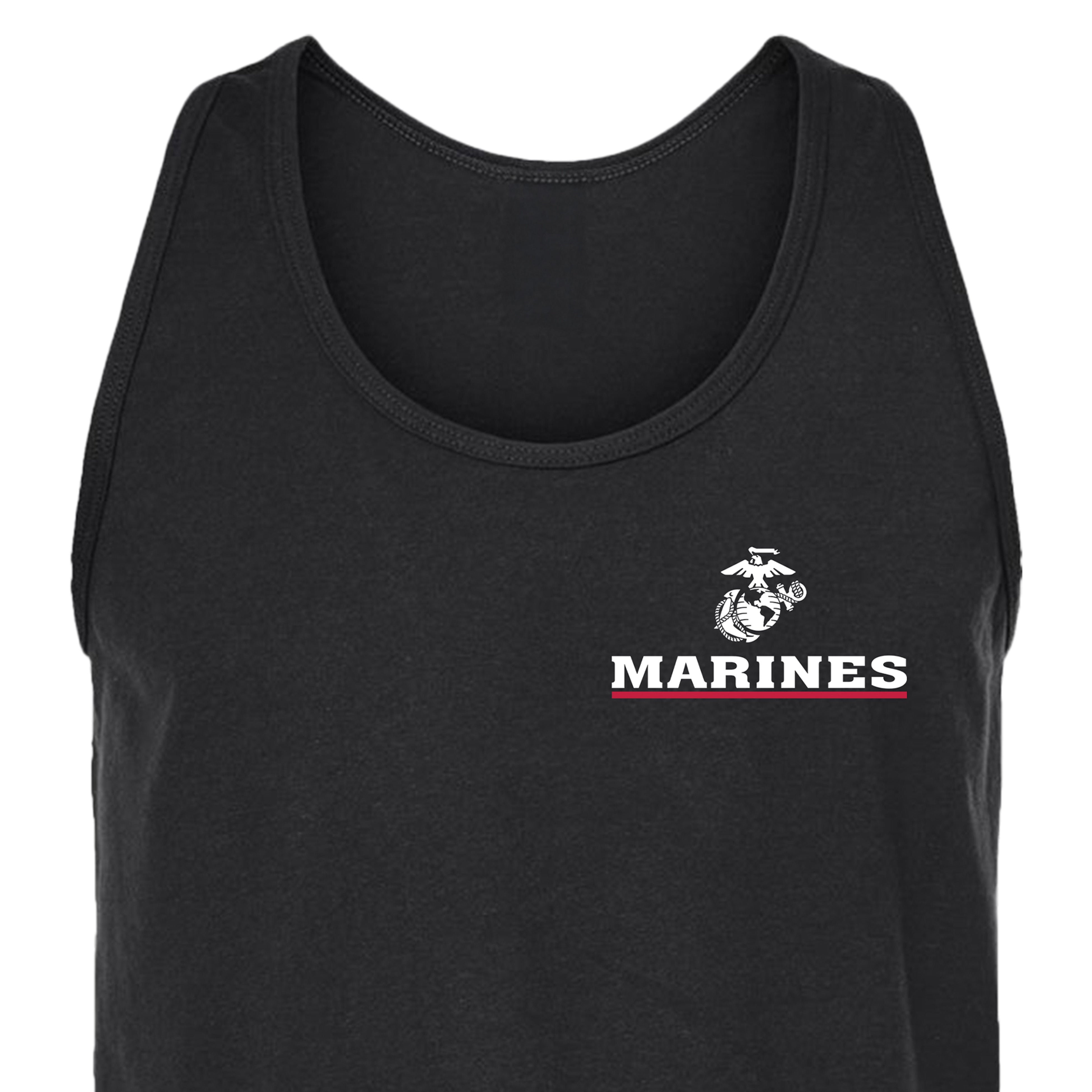 Men’s USMC tank top with front-left chest print of white Eagle, Globe, and Anchor emblem above bold 'MARINES' text with red underline.
