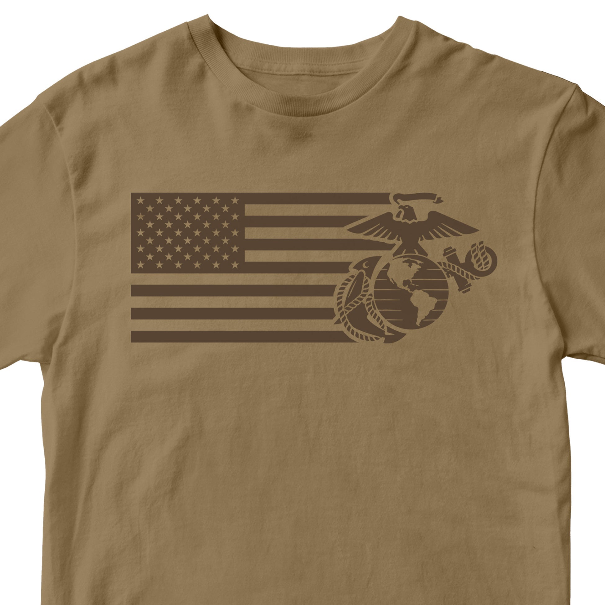 Coyote brown USMC Split Flag and EGA t-shirt with brown on brown American Flag and Marine Corps Eagle globe and anchor design. Marines Patriotic Tee. 