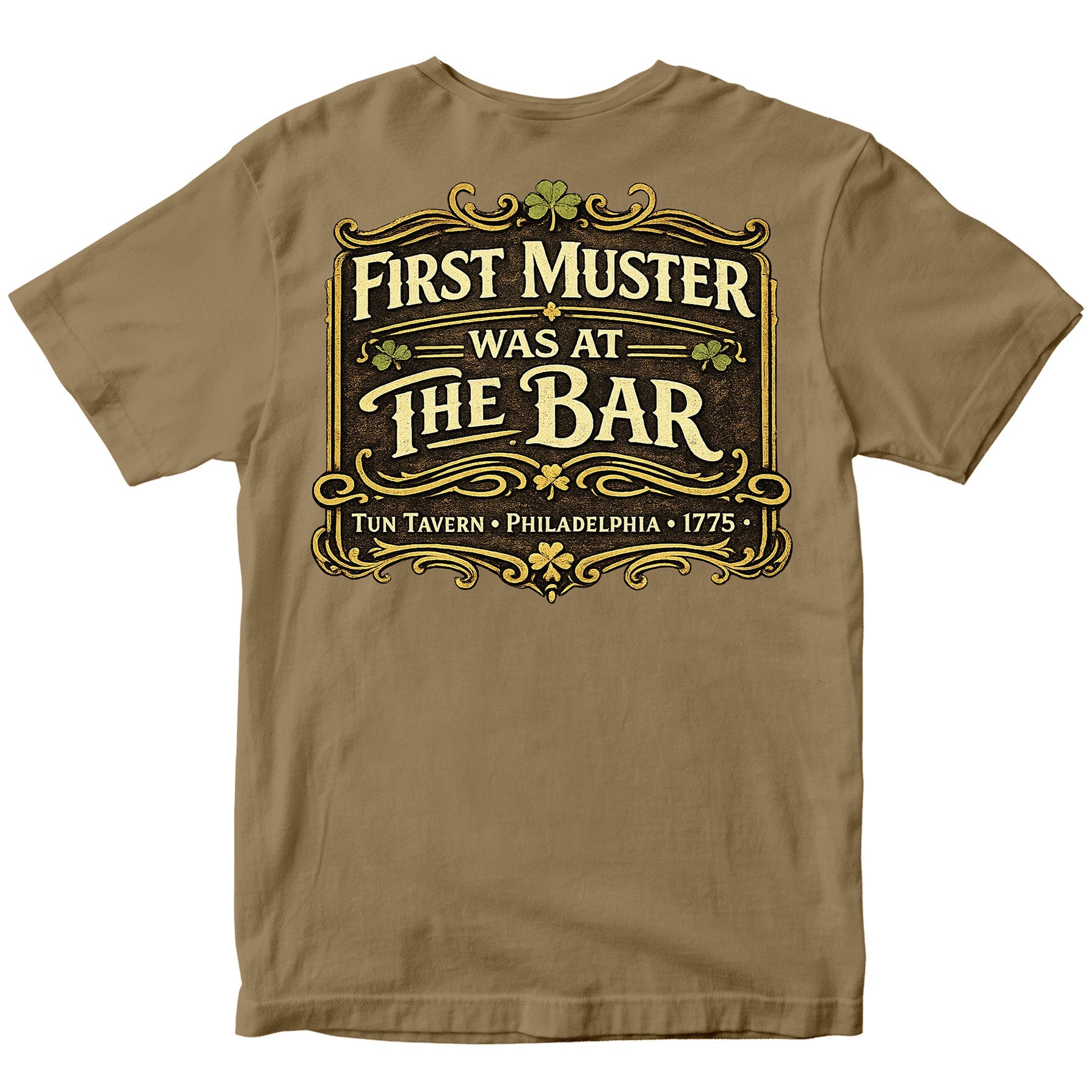 Brown Marines Tun Tavern St. Patrick’s Day T-shirt with ‘First Muster Was at the Bar’ graphic. USMC St. Patrick's Day Tee