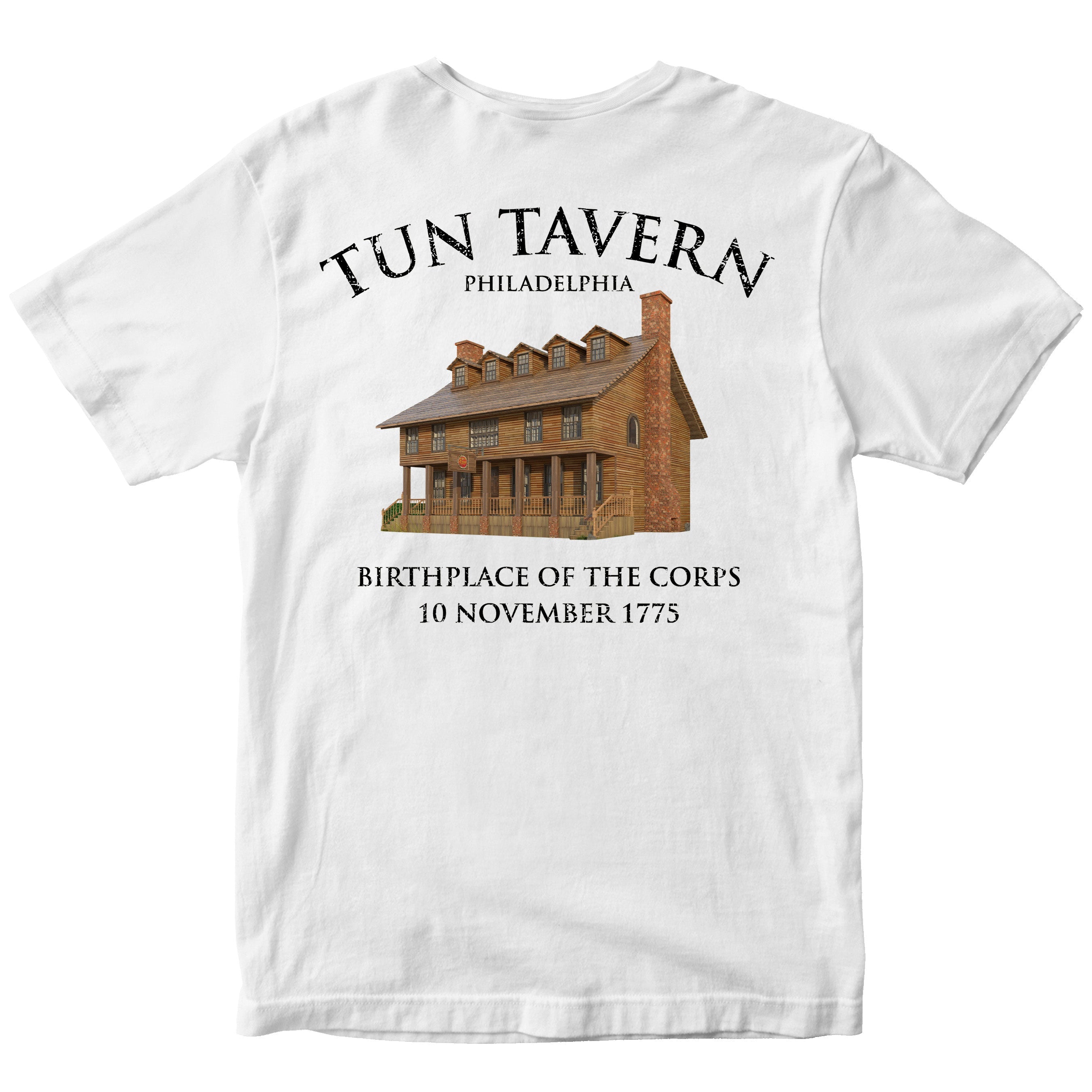 White USMC T-shirt with back illustration of Tun Tavern with text Birthplace of the Corps – 10 November 1775.