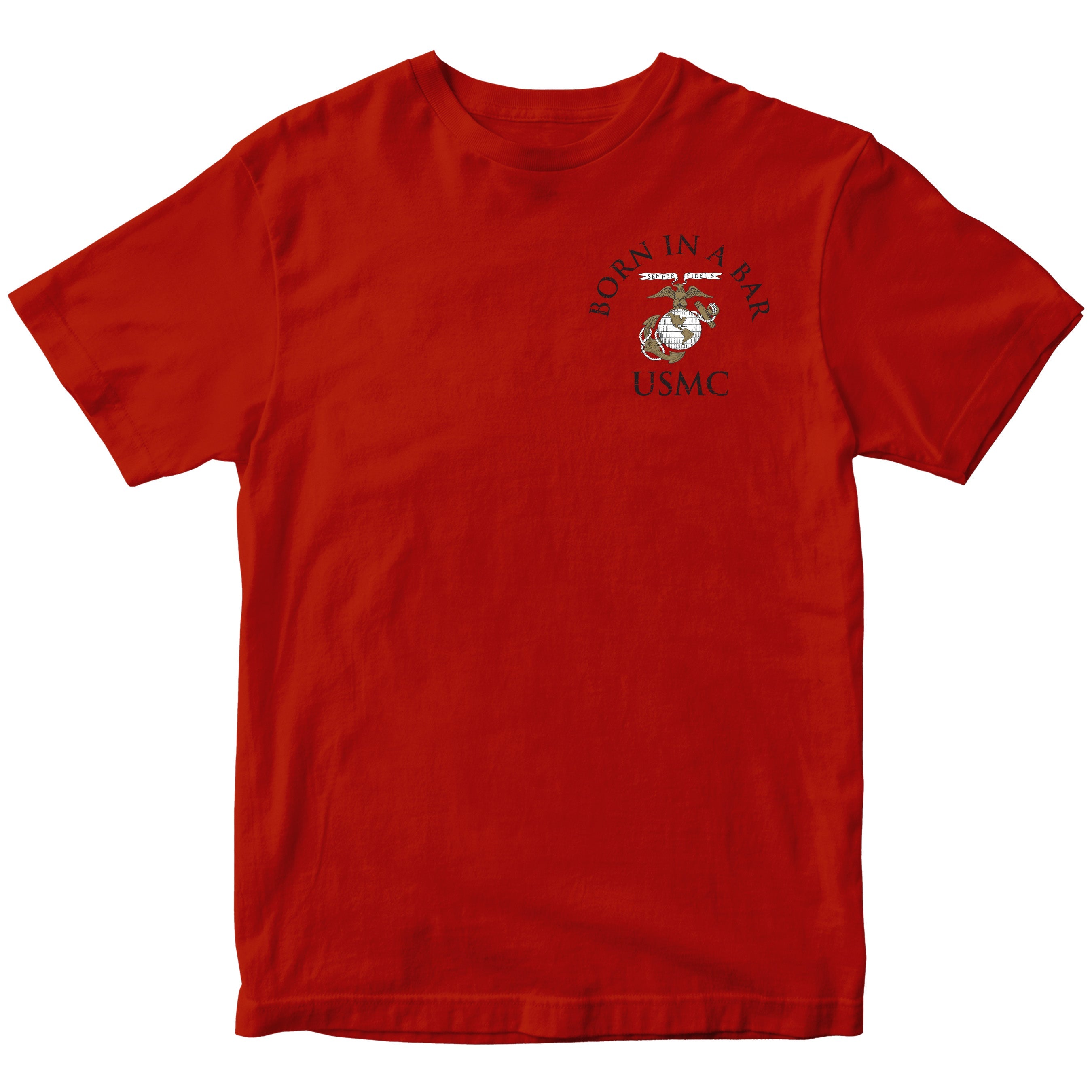 Red USMC T-shirt with ‘Born in a Bar’ Eagle, Globe and Anchor chest 