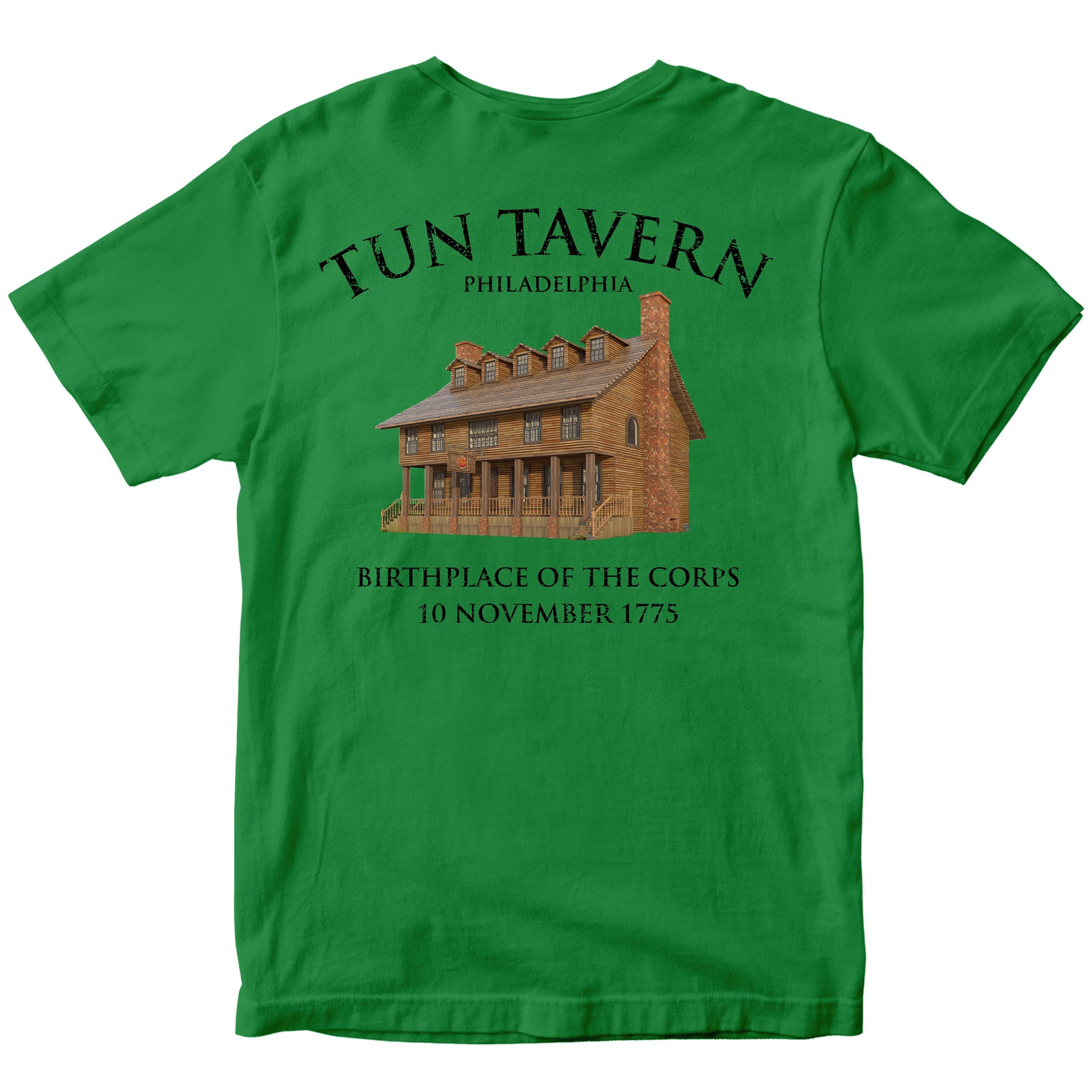 Marines Tun Tavern St. Patrick’s Day T-shirt with Tun Tavern illustration and Birthplace of the Corps text. USMC Green St. Patrick's Day Tee