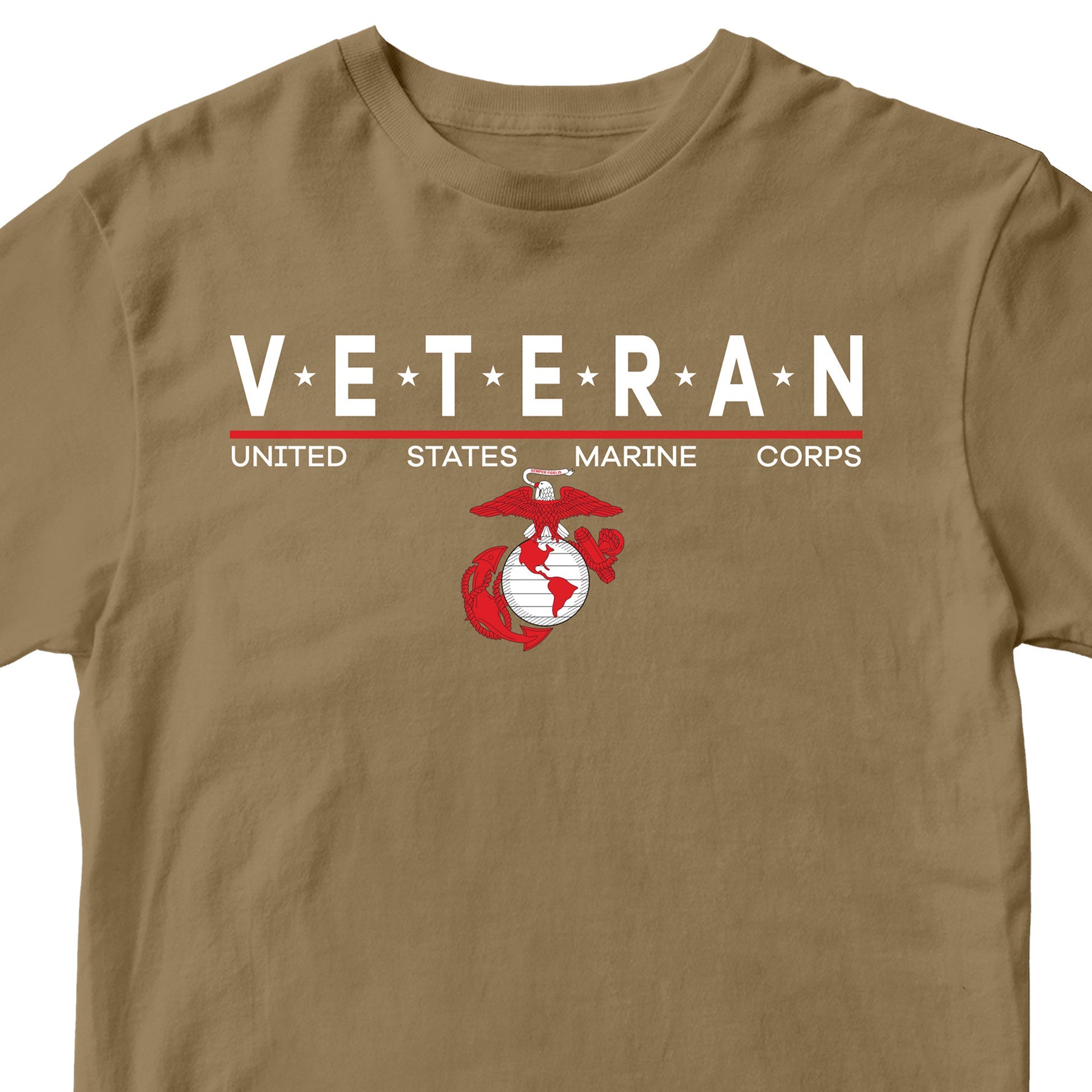 Brown USMC Veteran T-shirt with star-accented ‘VETERAN’ text and Eagle, Globe and Anchor emblem.