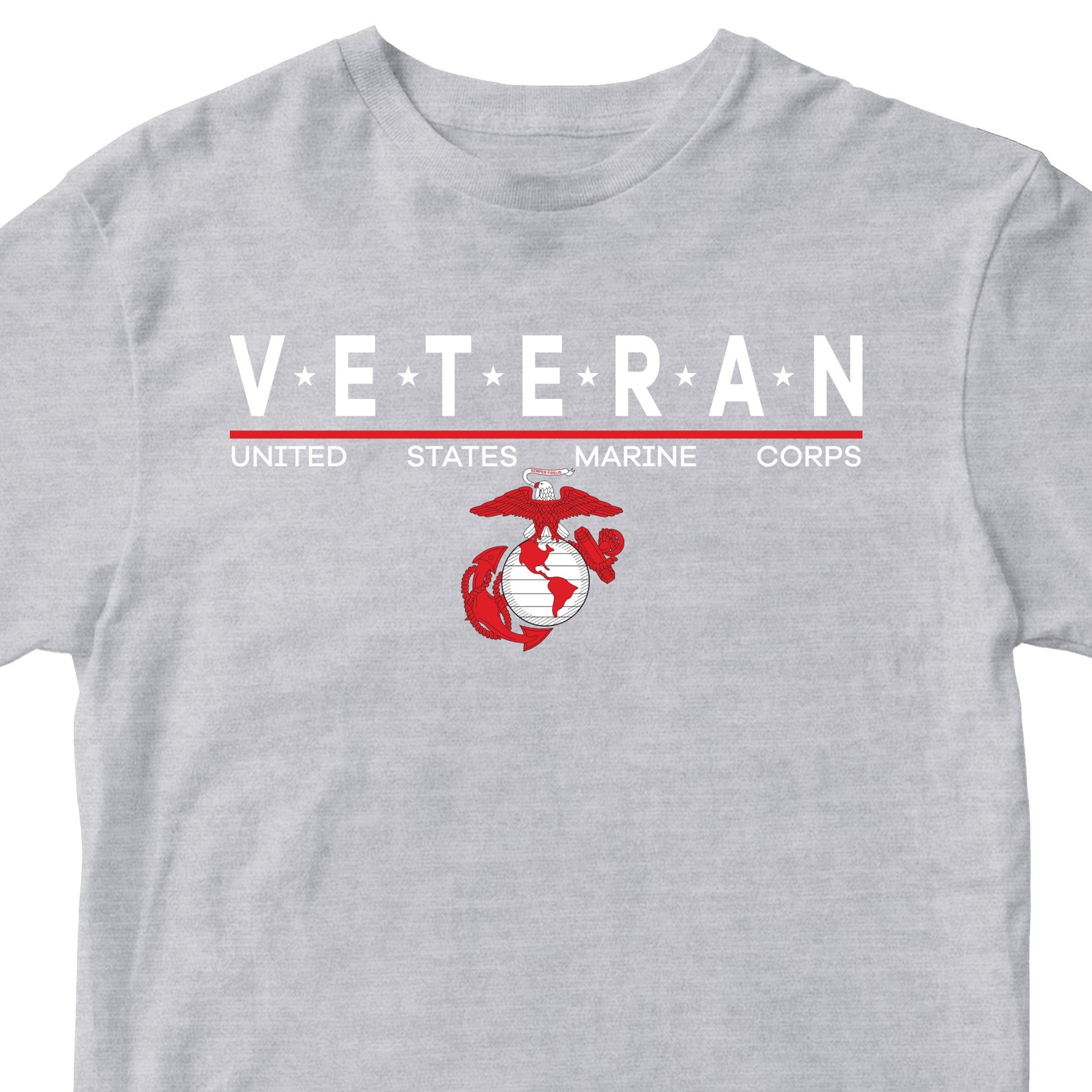 Grey USMC Veteran T-shirt with star-accented ‘VETERAN’ text and Eagle, Globe and Anchor emblem.