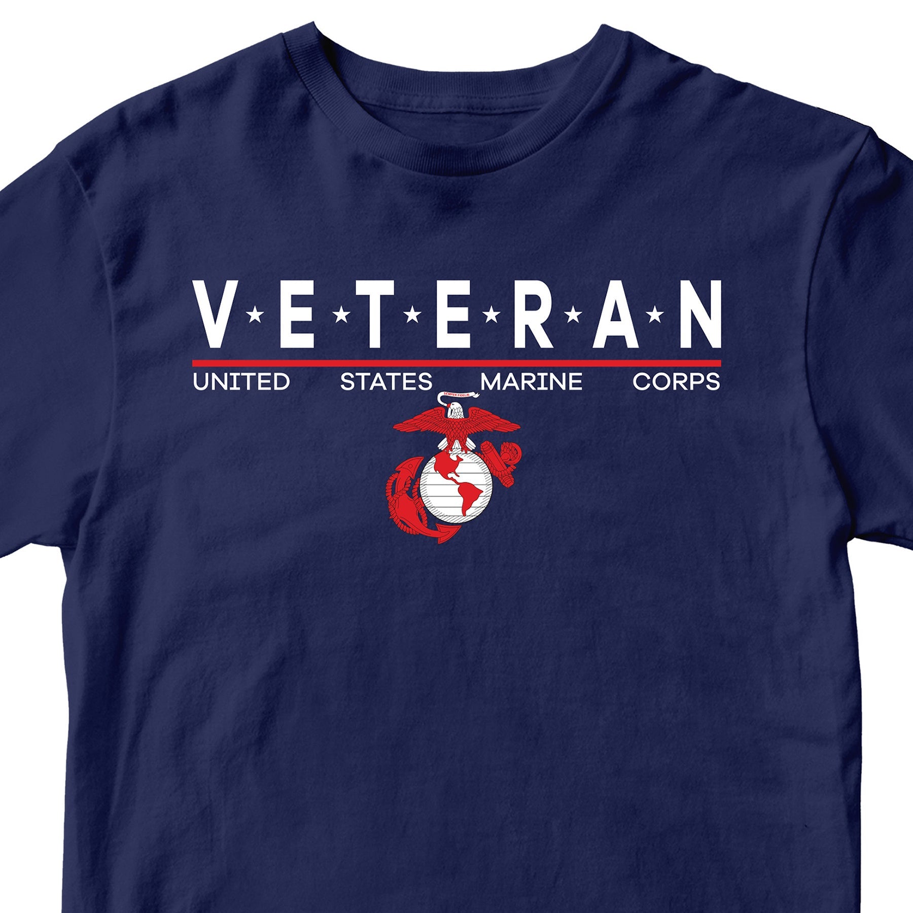 Navy Blue USMC Veteran T-shirt with star-accented ‘VETERAN’ text and Eagle, Globe and Anchor emblem.