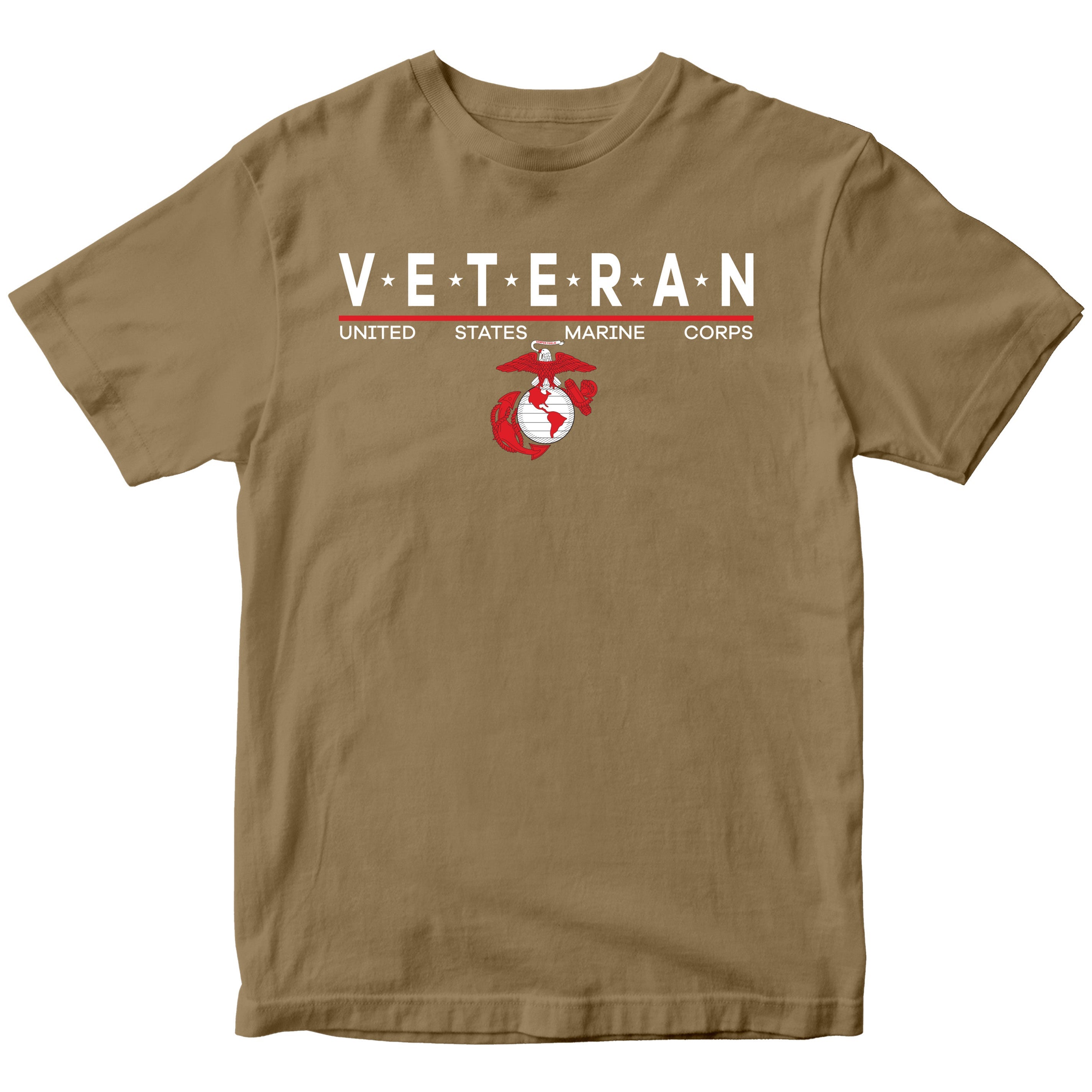 Brown USMC Veteran T-shirt with star-accented ‘VETERAN’ text and Eagle, Globe and Anchor emblem.