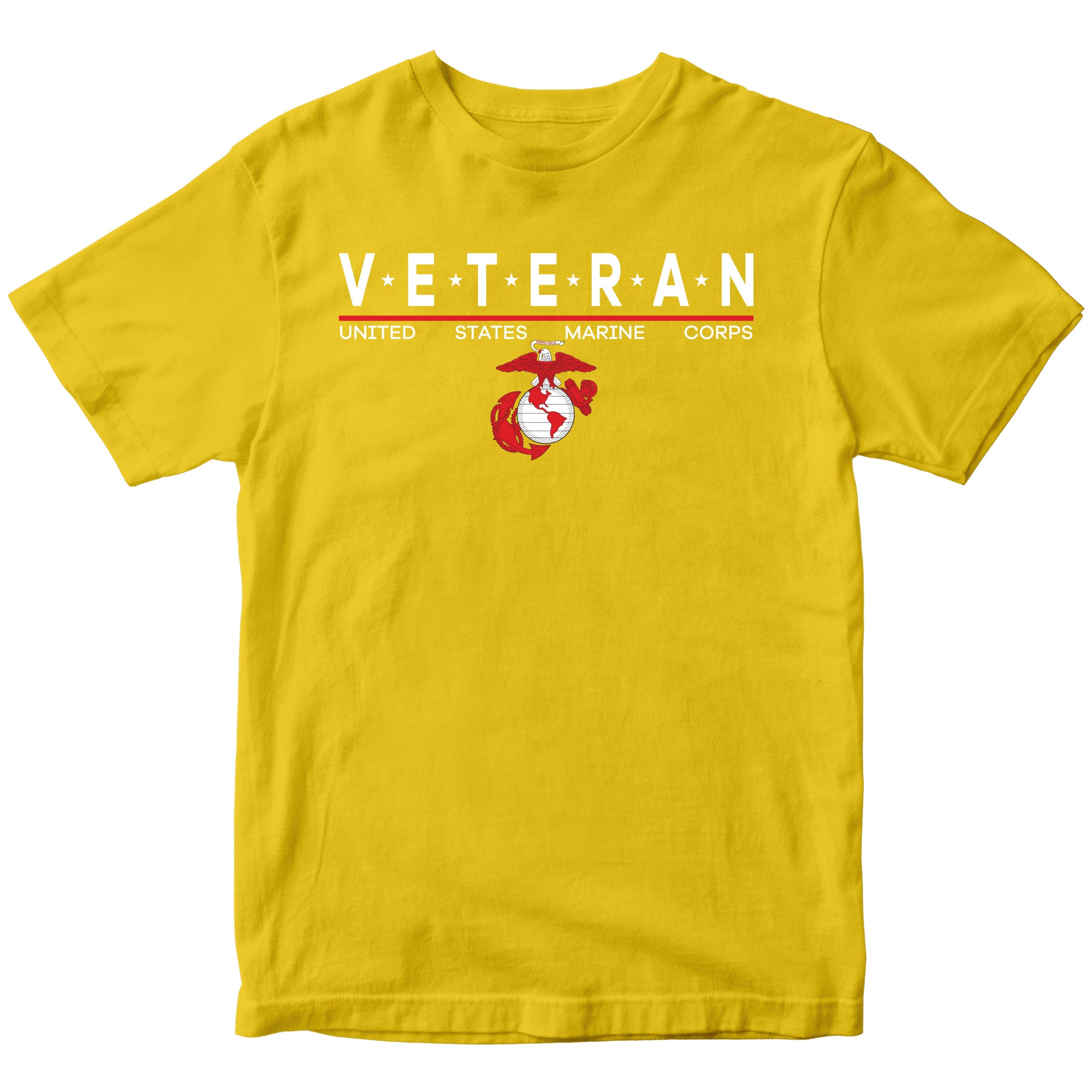 Gold USMC Veteran T-shirt with star-accented ‘VETERAN’ text and Eagle, Globe and Anchor emblem.