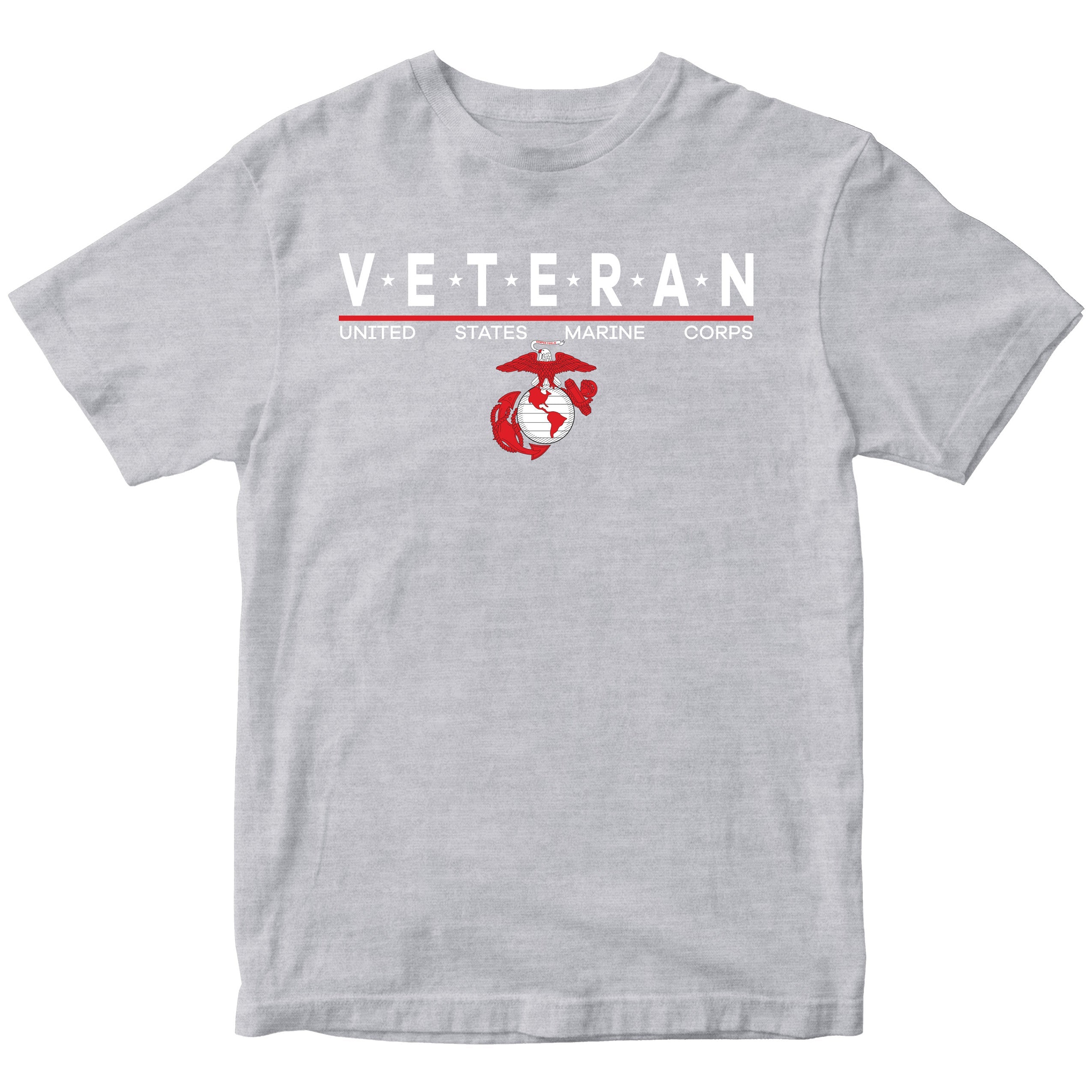 Grey USMC Veteran T-shirt with star-accented ‘VETERAN’ text and Eagle, Globe and Anchor emblem.