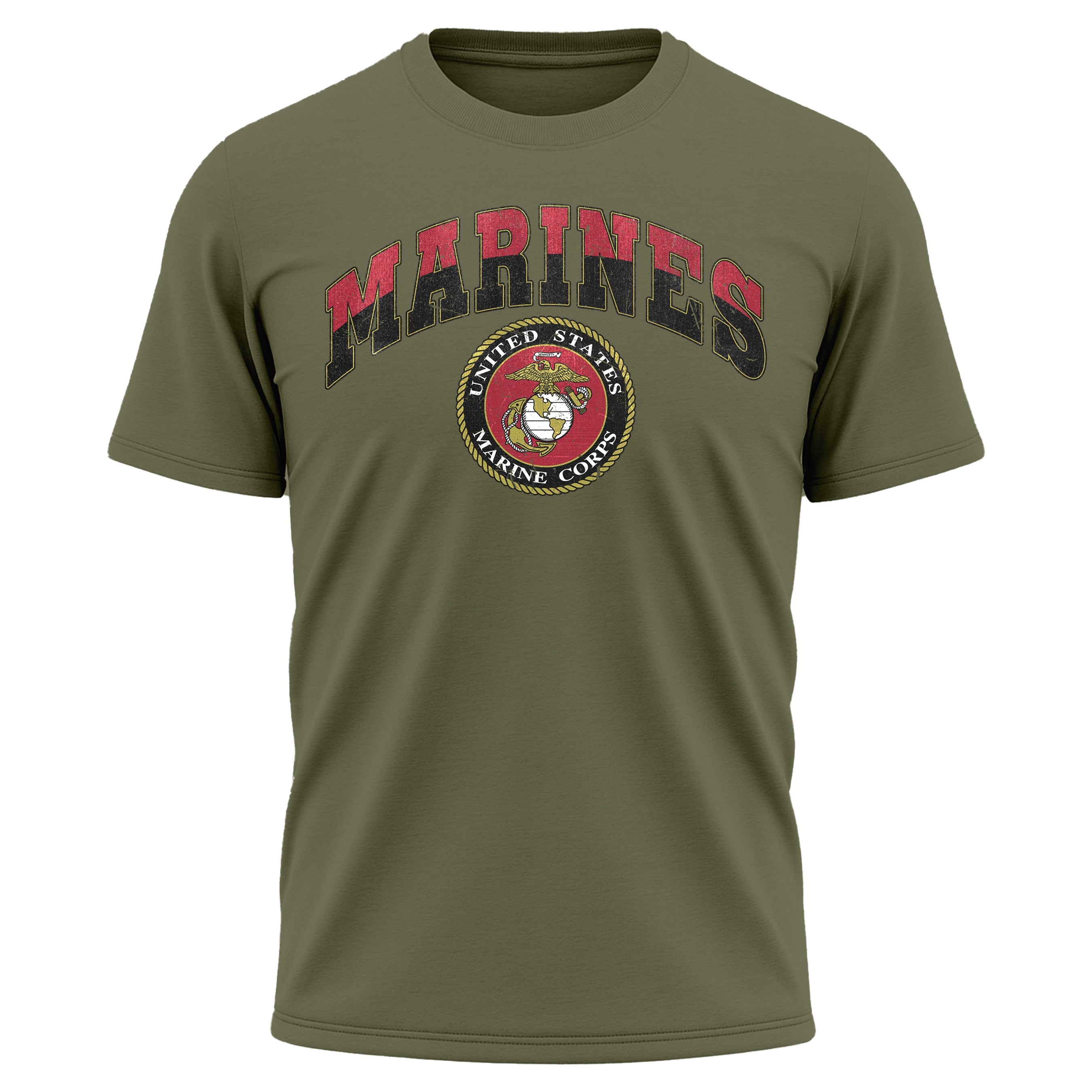 Vintage USMC Marines t-shirt with distressed red and black 'MARINES' text and full-color United States Marine Corps seal, patriotic military shirt for veterans and Marine supporters
