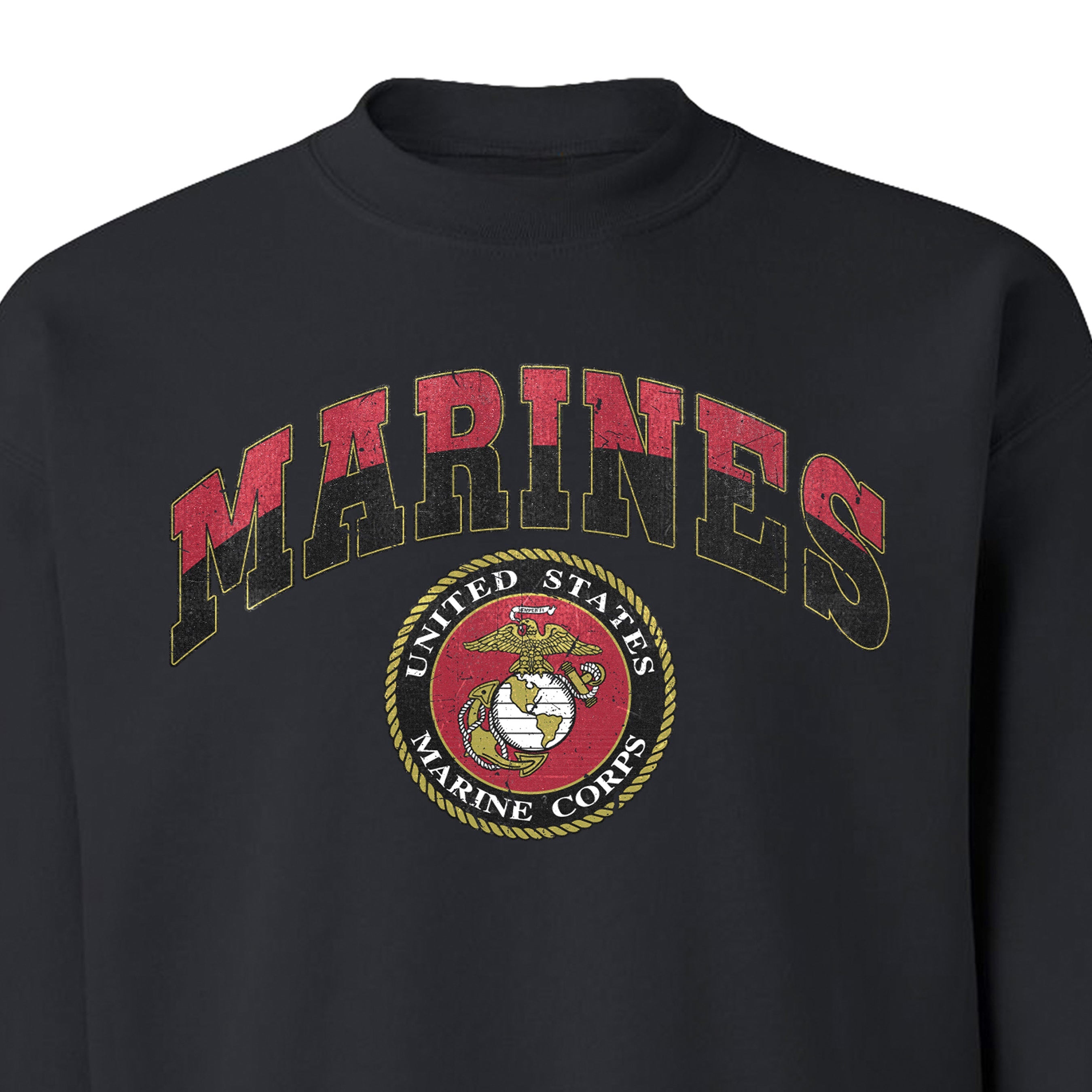 black USMC sweatshirt with vintage red and gold 'MARINES' text and full-color United States Marine Corps seal, patriotic military hoodie for Marines 