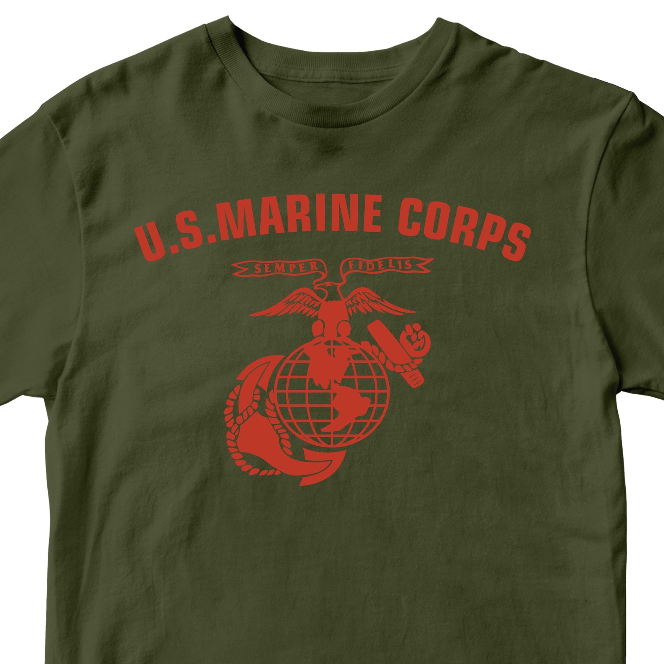 Green U.S. Marines T-shirt with large full-front ‘U.S. Marine Corps’ arch and Eagle, Globe, and Anchor emblem. USMC Tee