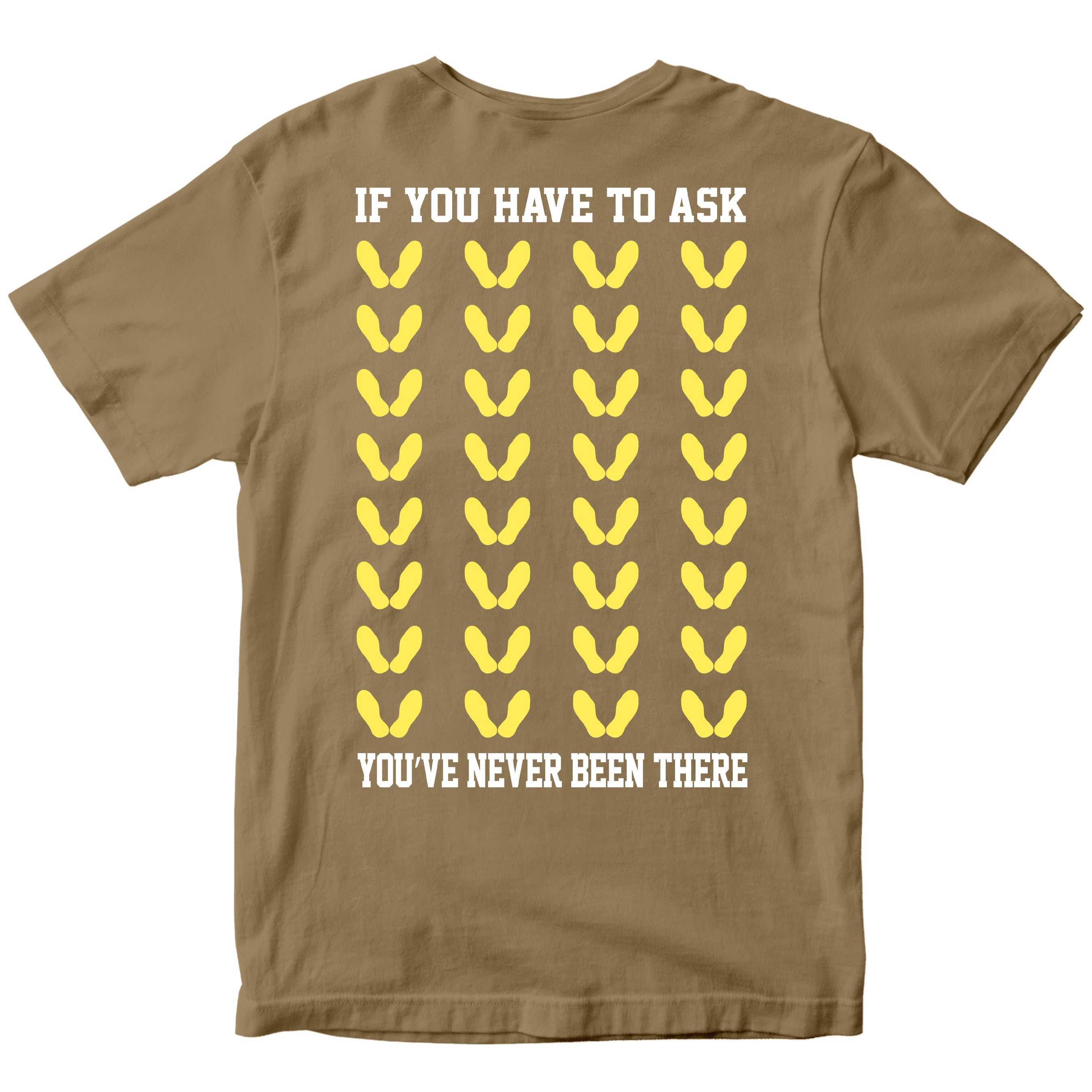 Brown Marine Corps t-shirt with yellow boot camp footprints with bold text on the back.