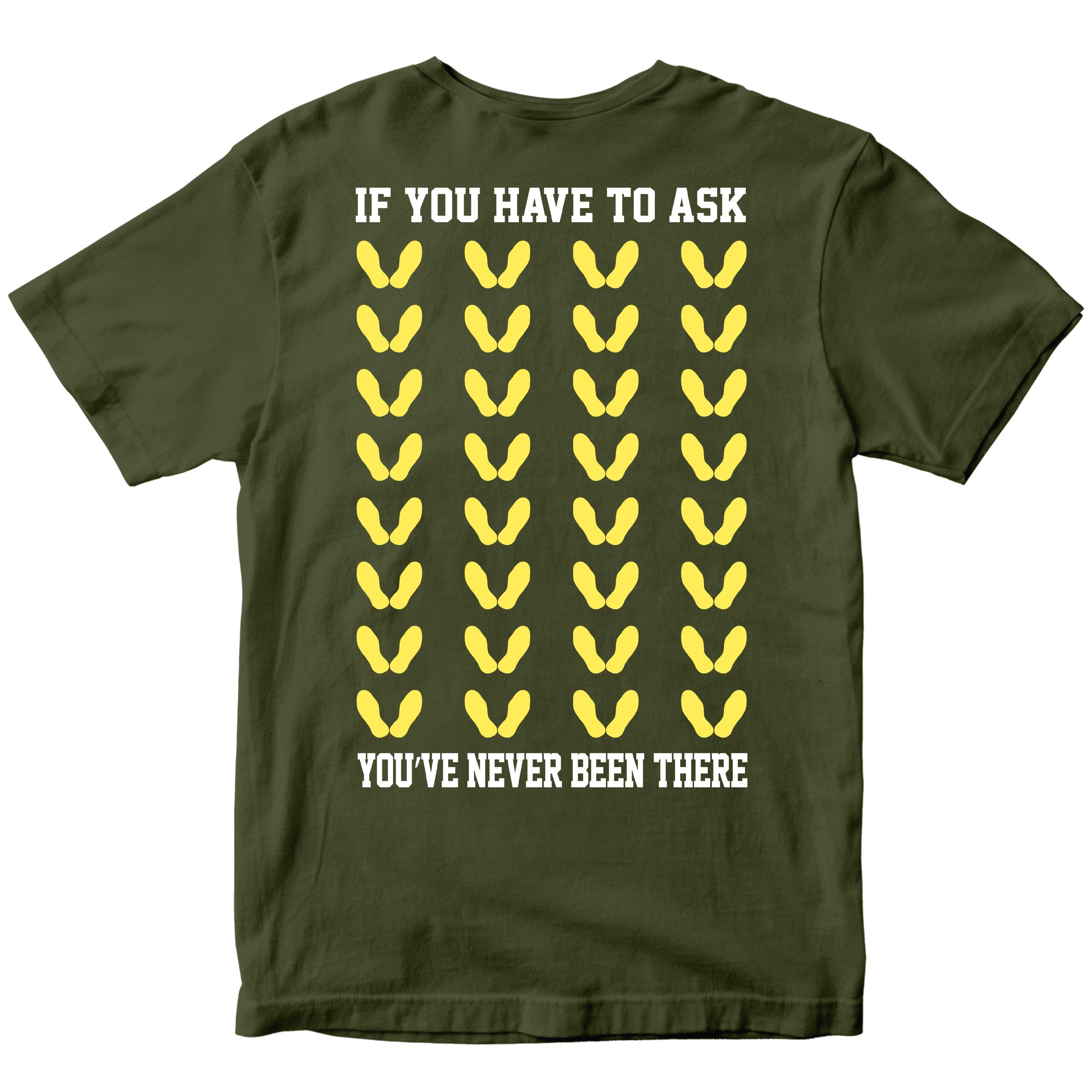 Green Marine Corps t-shirt with yellow boot camp footprints with bold text on the back.