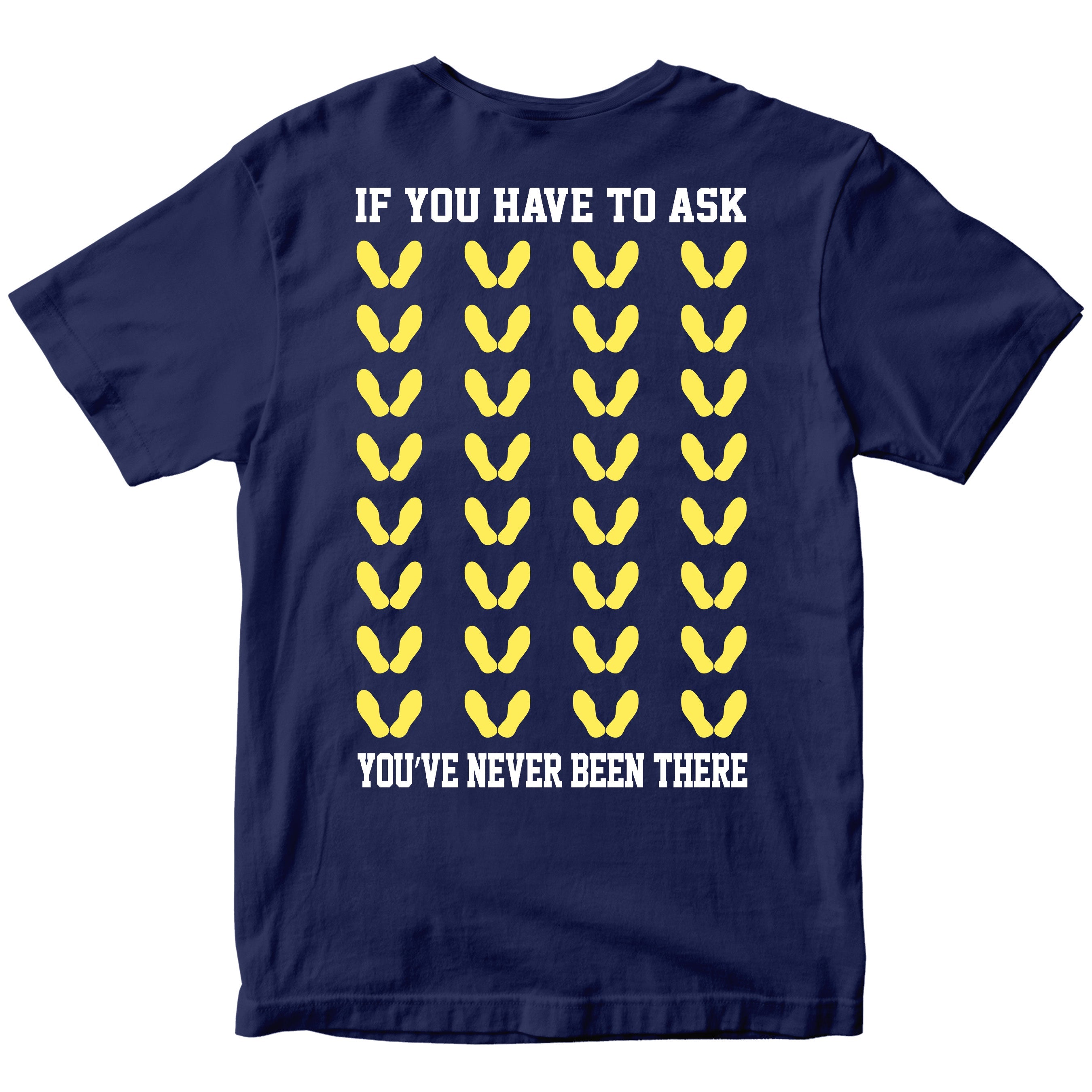 Navy Marine Corps t-shirt with yellow boot camp footprints with bold text on the back.