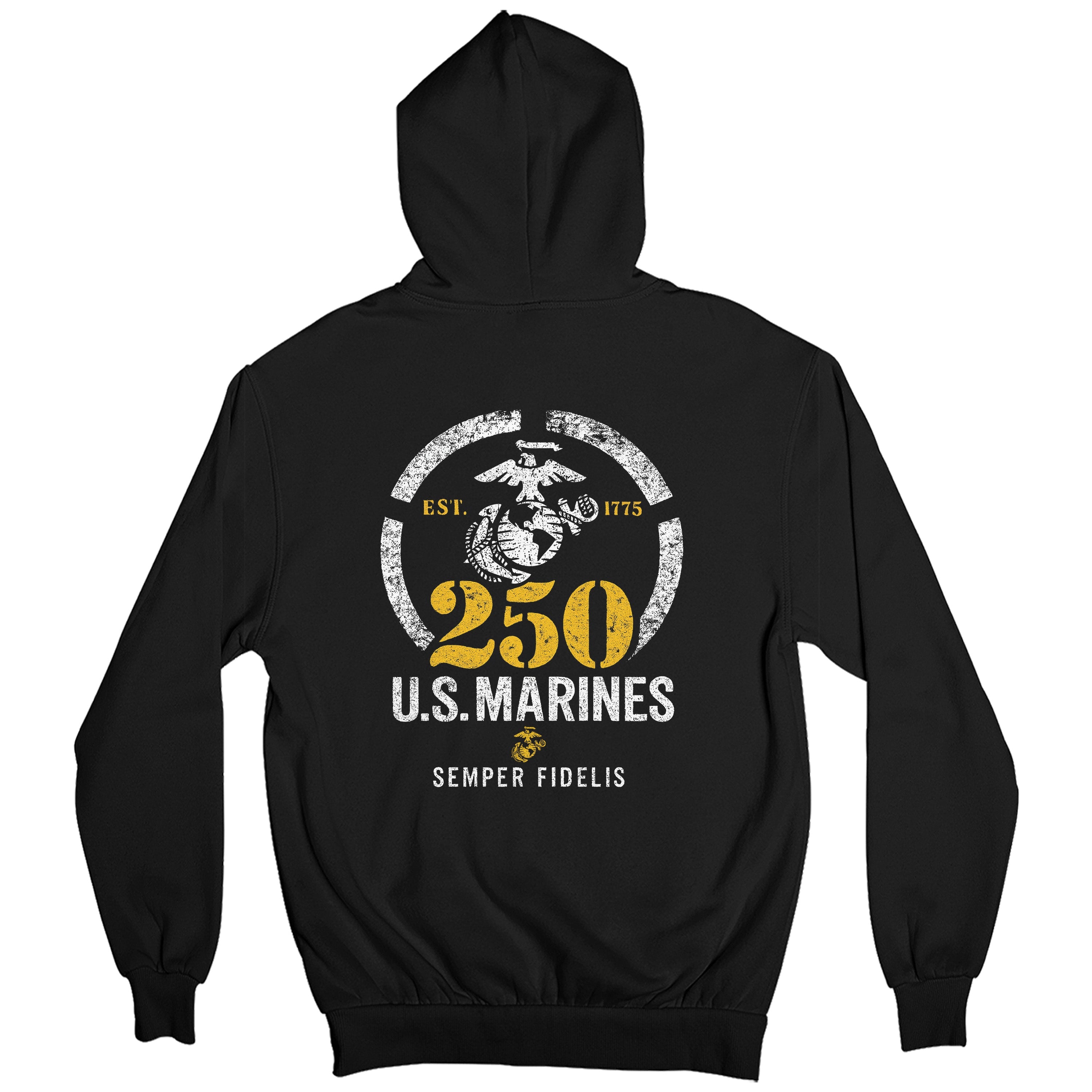 USMC 250th Birthday hoodie featuring a distressed EGA inside a circle, bold gold '250,' 'U.S. Marines,' and motto 'Semper Fidelis' with 'Est. 1775' text