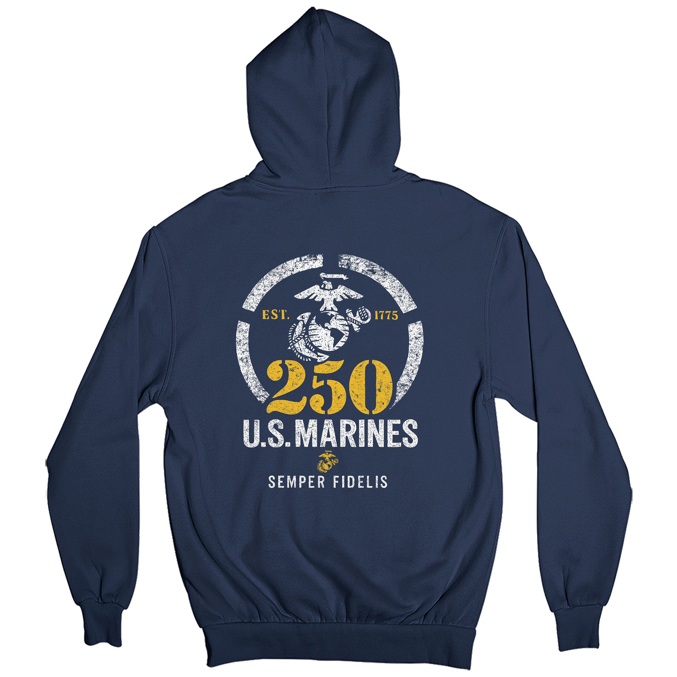 USMC 250th Birthday hoodie featuring a distressed EGA inside a circle, bold gold '250,' 'U.S. Marines,' and motto 'Semper Fidelis' with 'Est. 1775' text