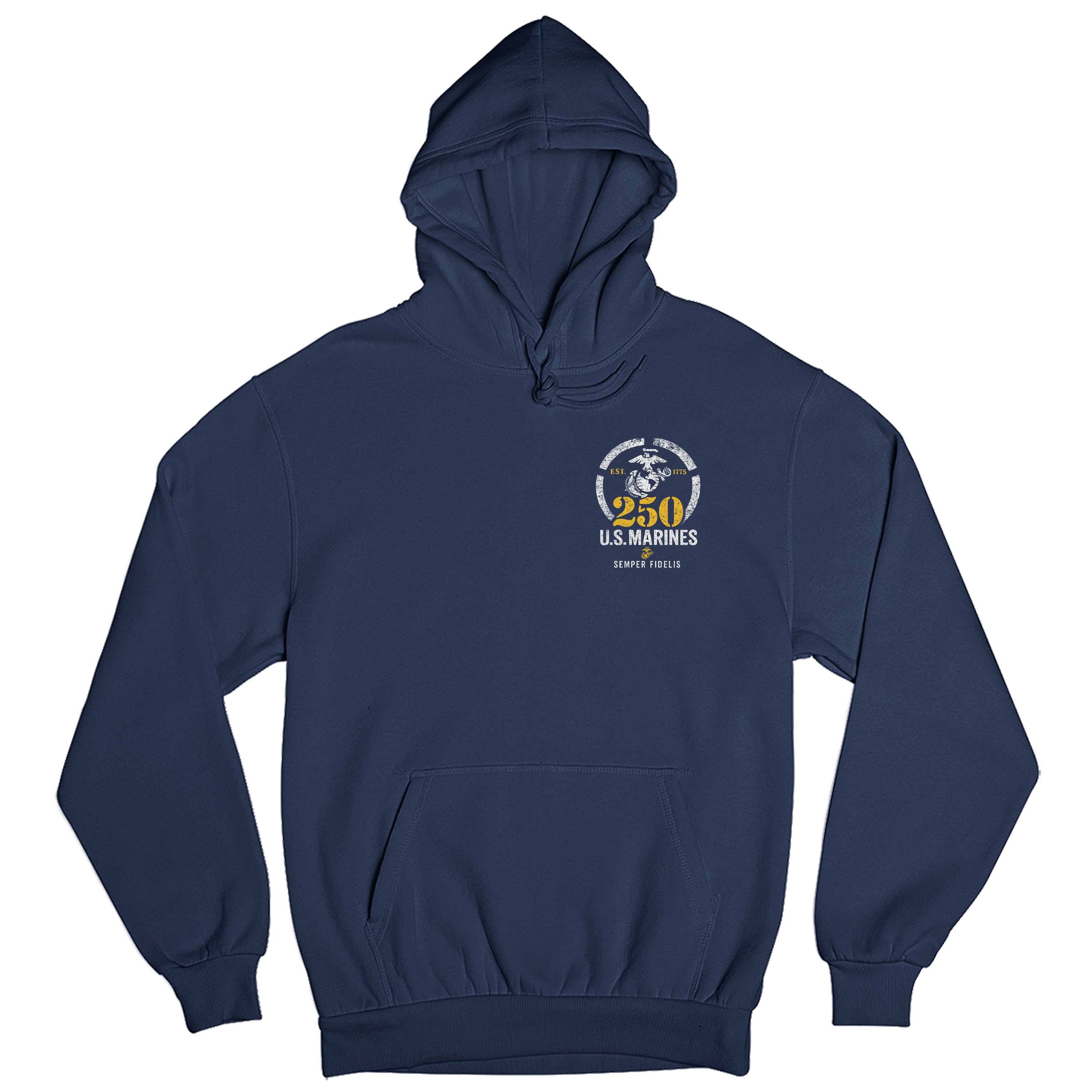 USMC 250th Birthday hoodie with front chest Eagle, Globe, and Anchor featuring a distressed EGA inside a circle, bold gold '250,' 'U.S. Marines,' and motto 'Semper Fidelis' with 'Est. 1775' text