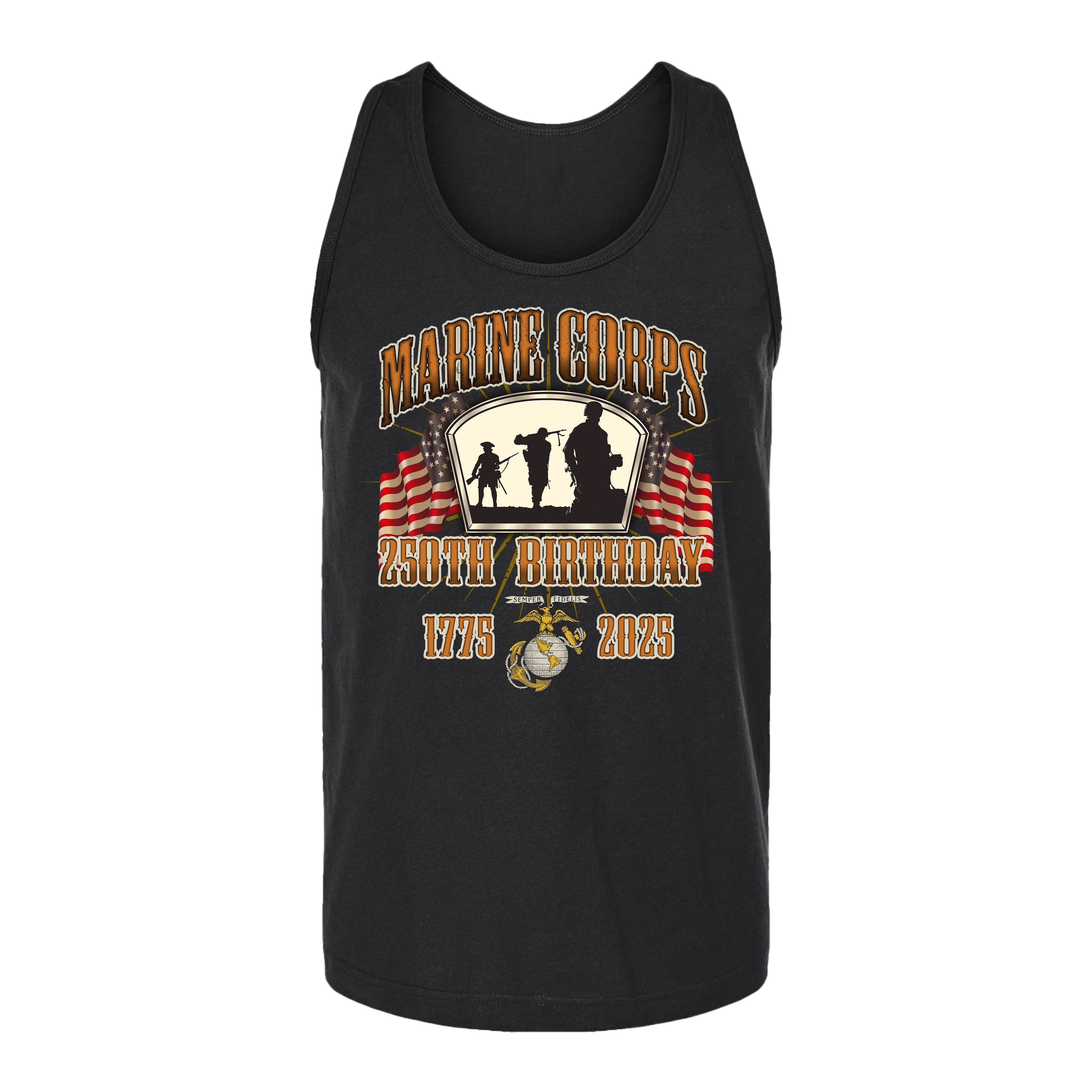 Men’s USMC 250th Birthday tank top featuring silhouettes of Marines, American flags, Eagle Globe and Anchor emblem, and bold text 'Marine Corps 250th Birthday 1775–2025' in patriotic design.
